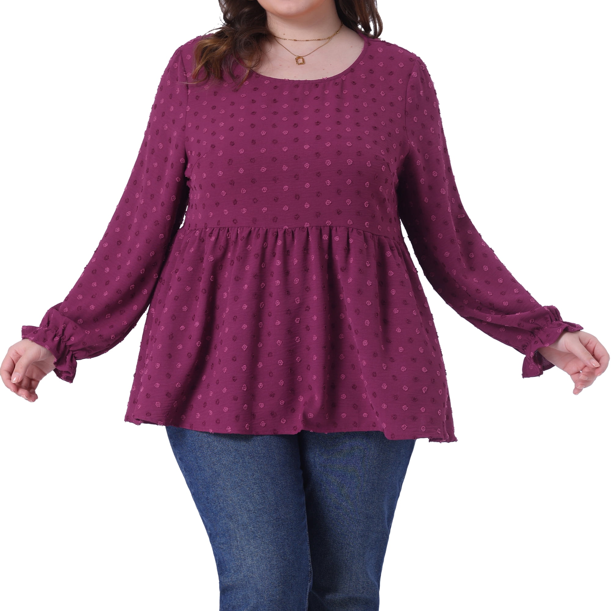 DARING DIVA Women's Plus Babydoll Round Neck Tiered Swiss Dots Blouse 3X Red Purple