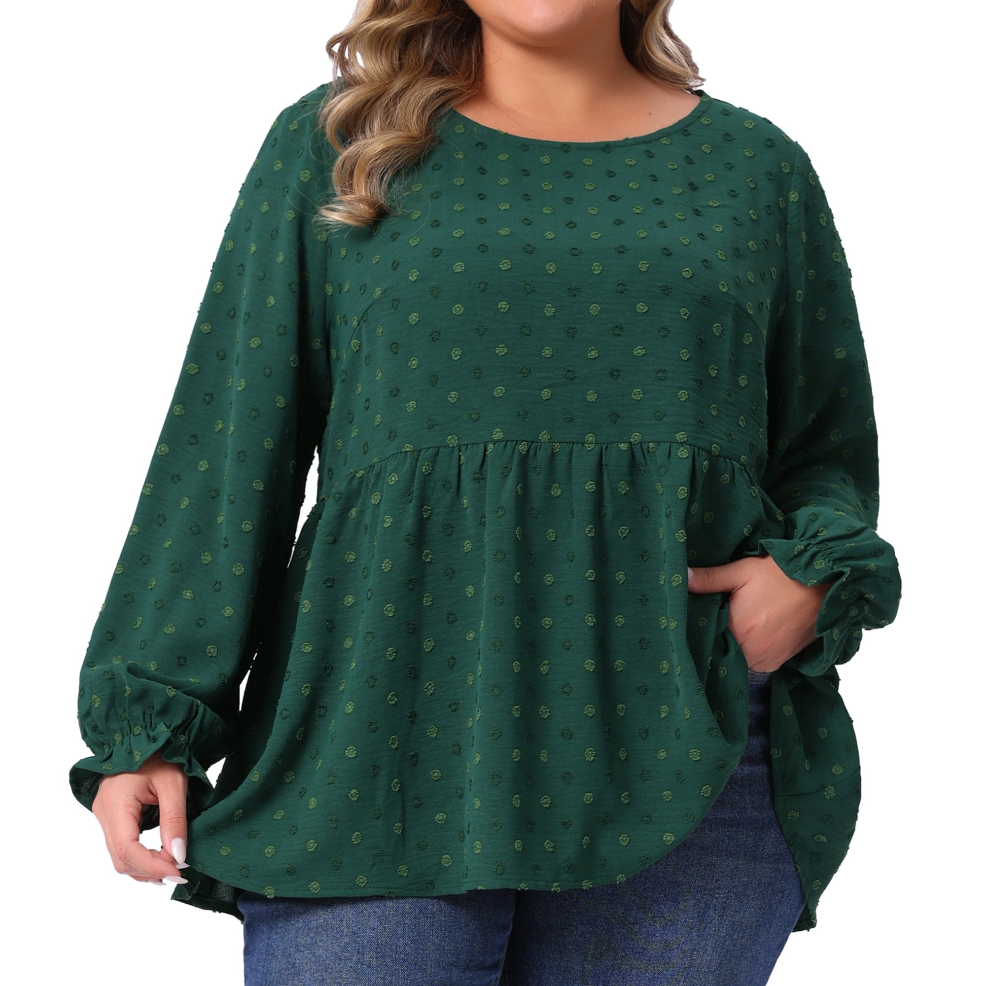 DARING DIVA Women's Plus Babydoll Round Neck Tiered Swiss Dots Blouse 4X Dark Green