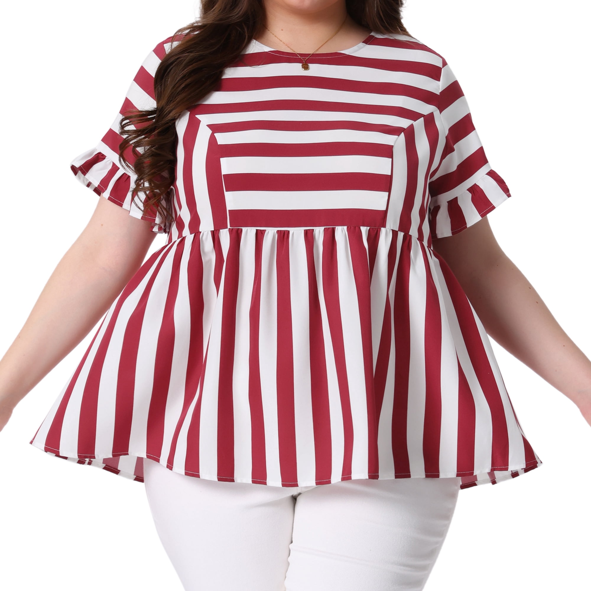 DARING DIVA Women's Plus Babydoll Ruffle Peplum Top 3X Red White