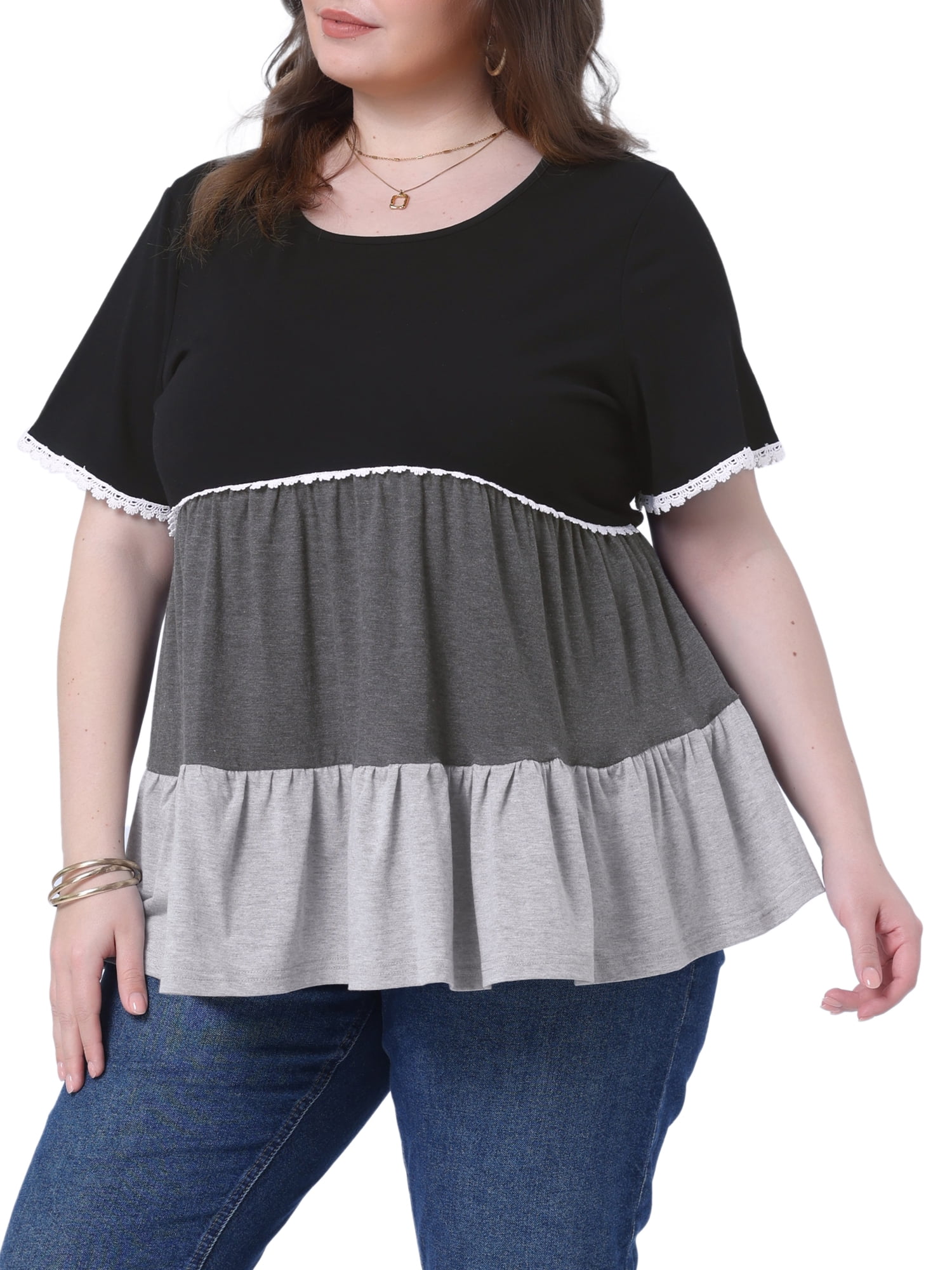 DARING DIVA Women's Plus Babydoll Ruffle Short Sleeve Casual Blouse 1X Black