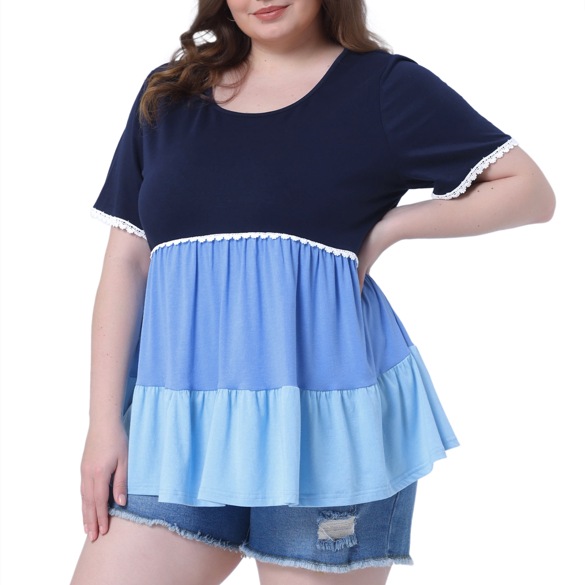 DARING DIVA Women's Plus Babydoll Ruffle Short Sleeve Casual Blouse 3X Blue