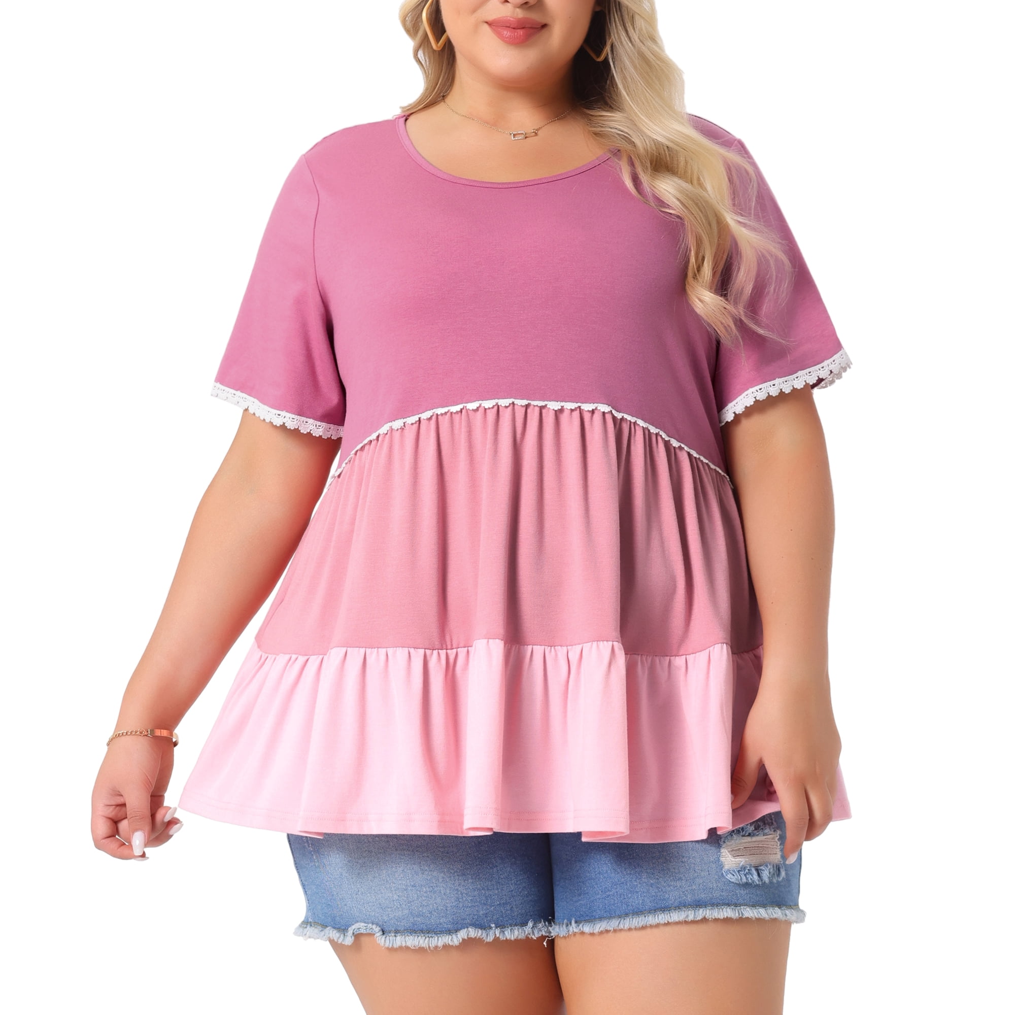 DARING DIVA Women's Plus Babydoll Ruffle Short Sleeve Casual Blouse 3X Dark Pink