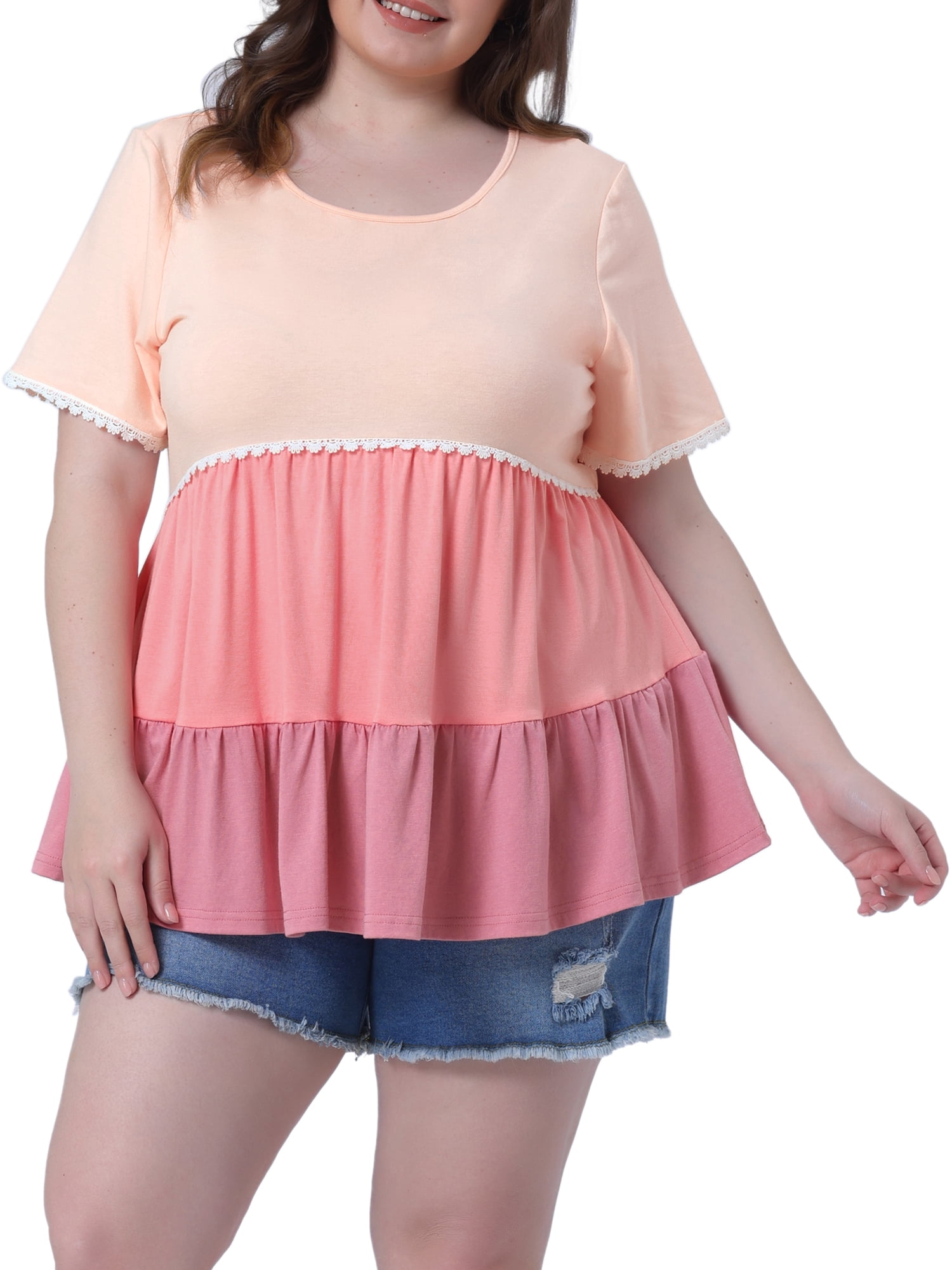 DARING DIVA Women's Plus Babydoll Ruffle Short Sleeve Casual Blouse 4X Pink
