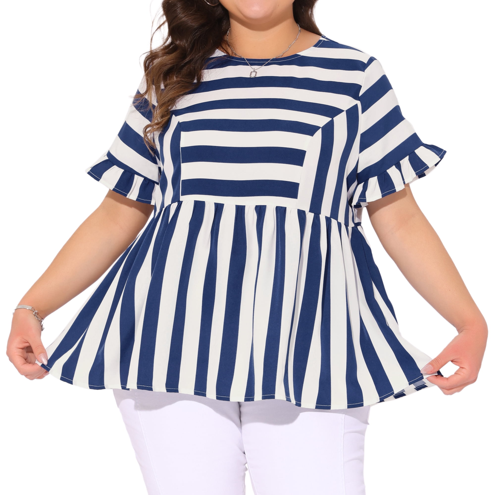 DARING DIVA Women's Plus Babydoll Ruffle Peplum Top 4X Blue White