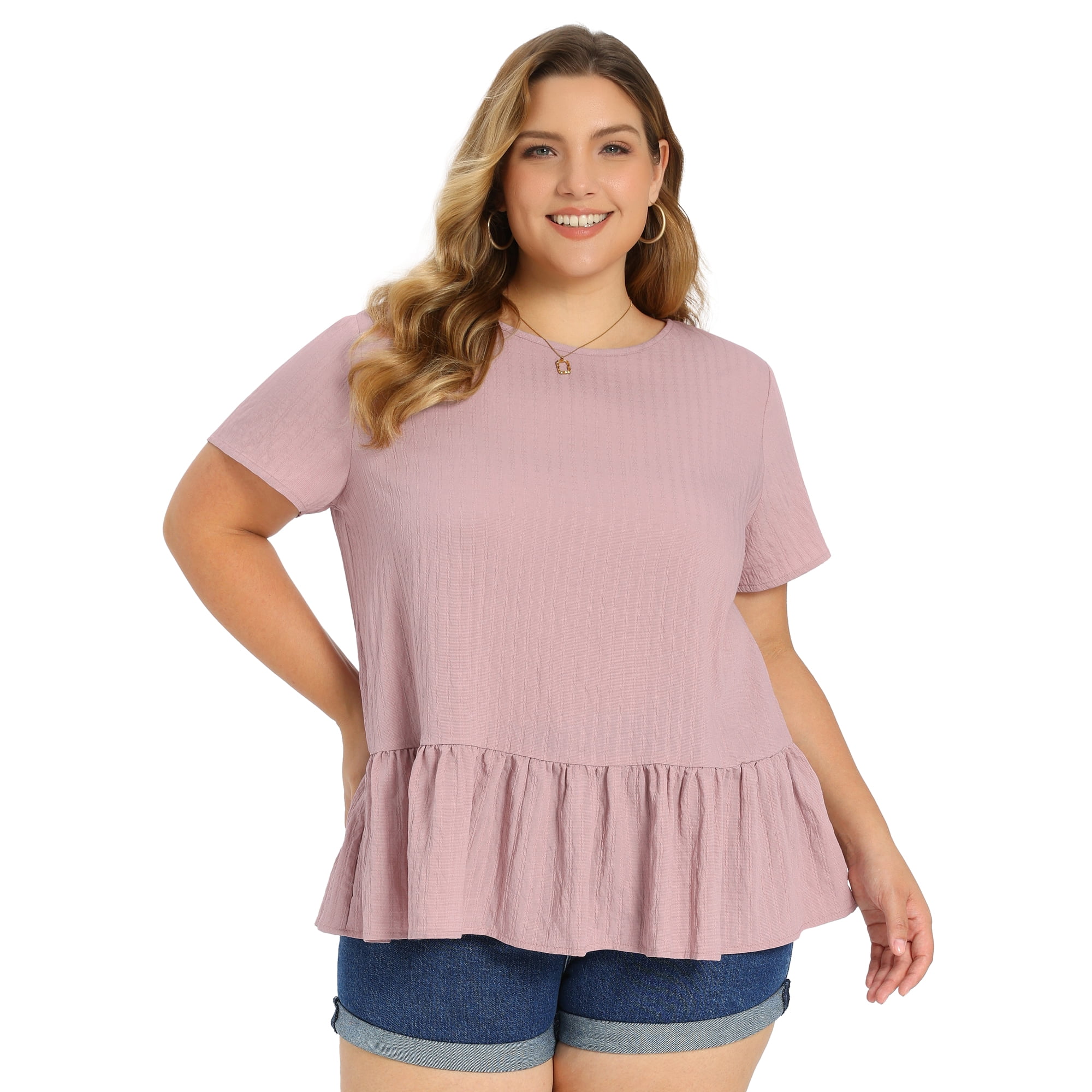 DARING DIVA Women's Plus Babydoll Tops Crew Neck Blouses 2X Pink