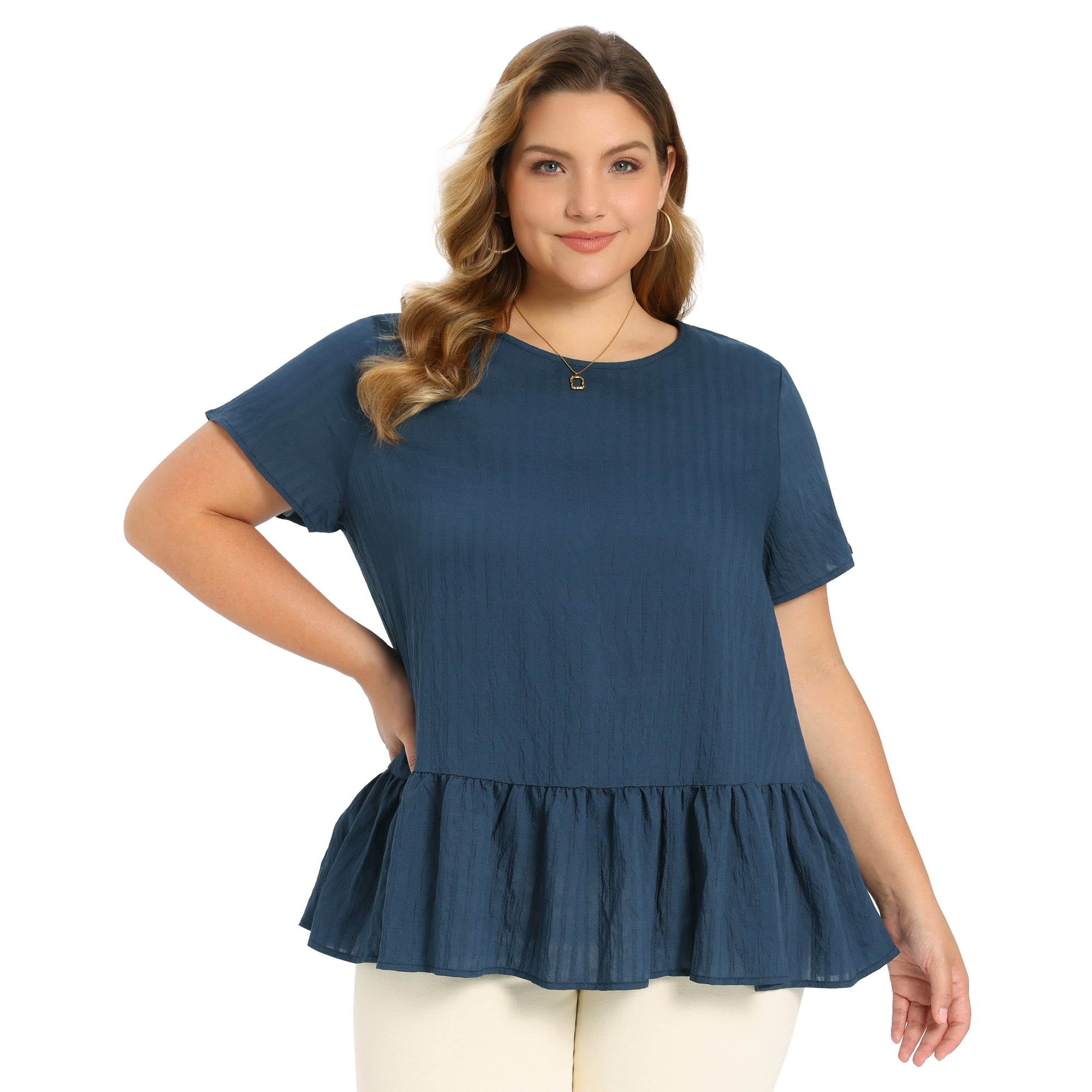 DARING DIVA Women's Plus Babydoll Tops Crew Neck Blouses 3X Navy Blue