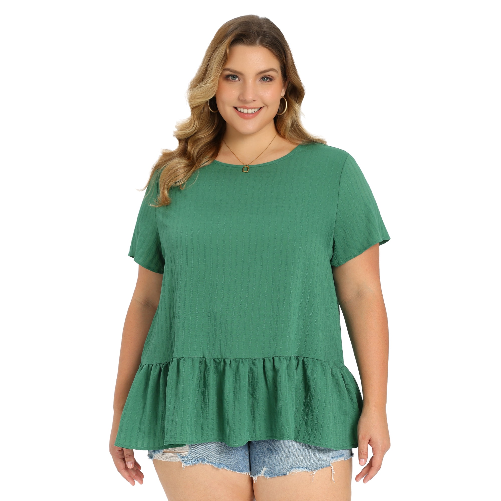 DARING DIVA Women's Plus Babydoll Tops Crew Neck Blouses 4X Green