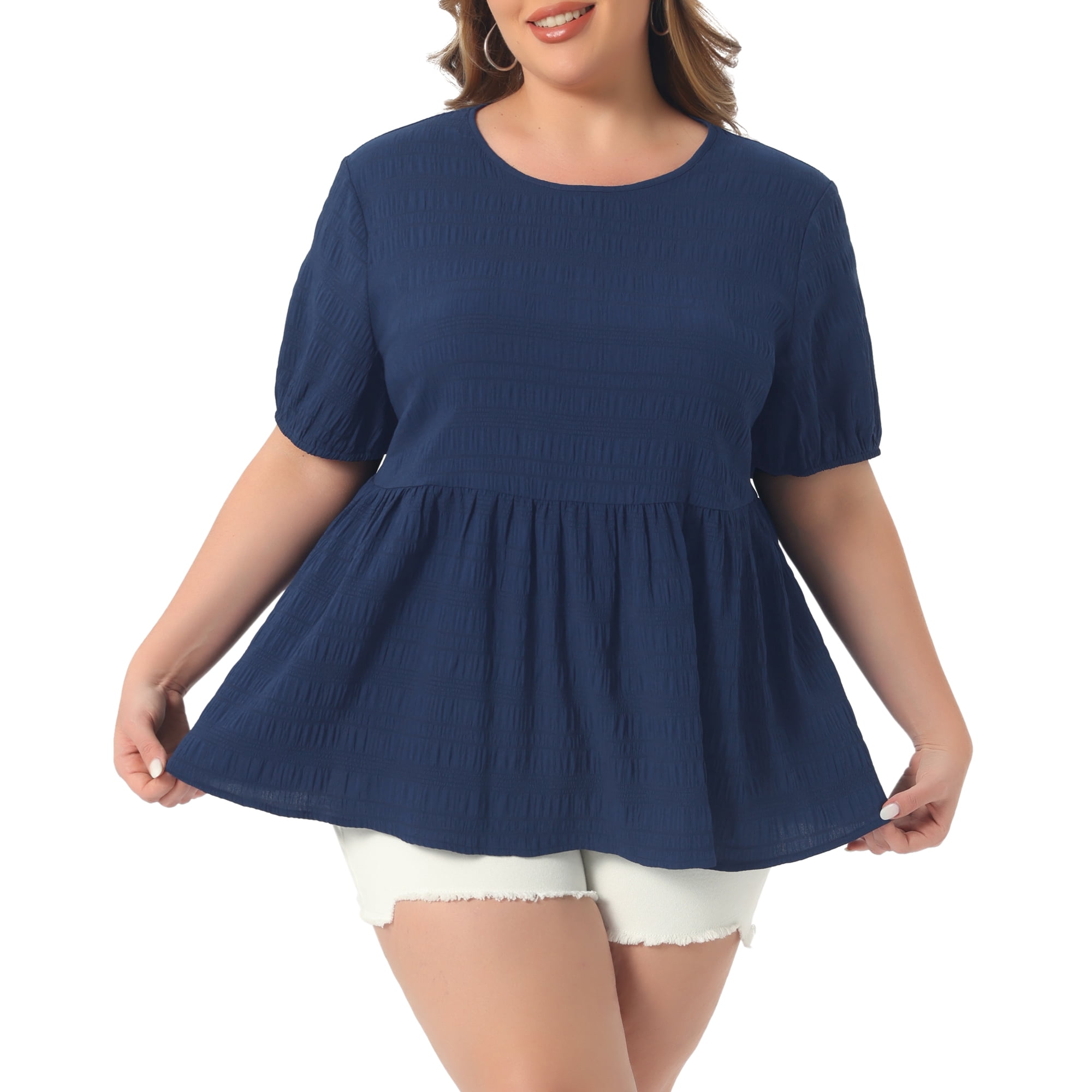 DARING DIVA Women's Plus Babydoll Tops Crewneck  Loose Fit Flowy Blouse 2X Navy Blue