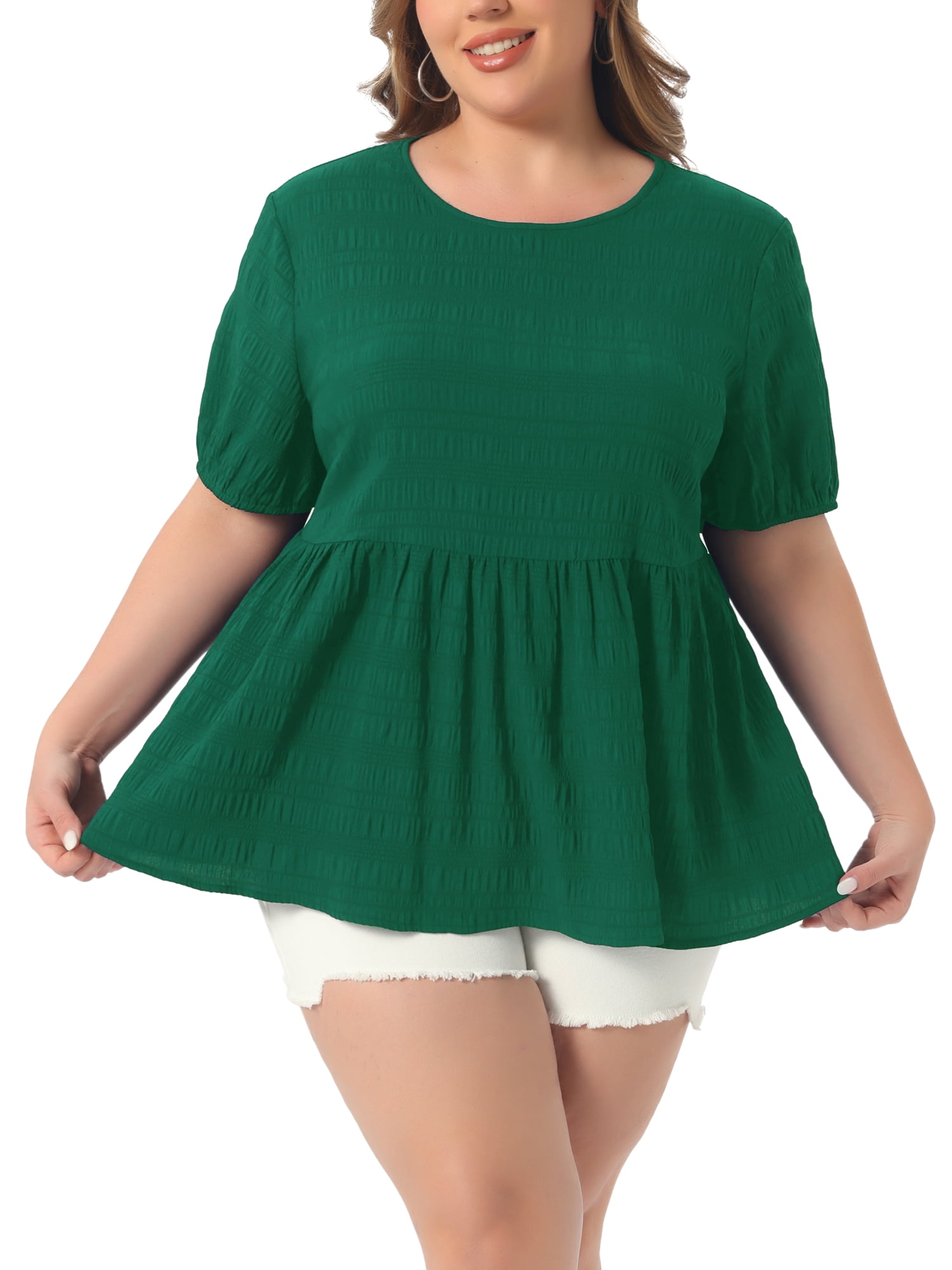 DARING DIVA Women's Plus Babydoll Tops Crewneck  Loose Fit Flowy Blouse 3X Dark Green
