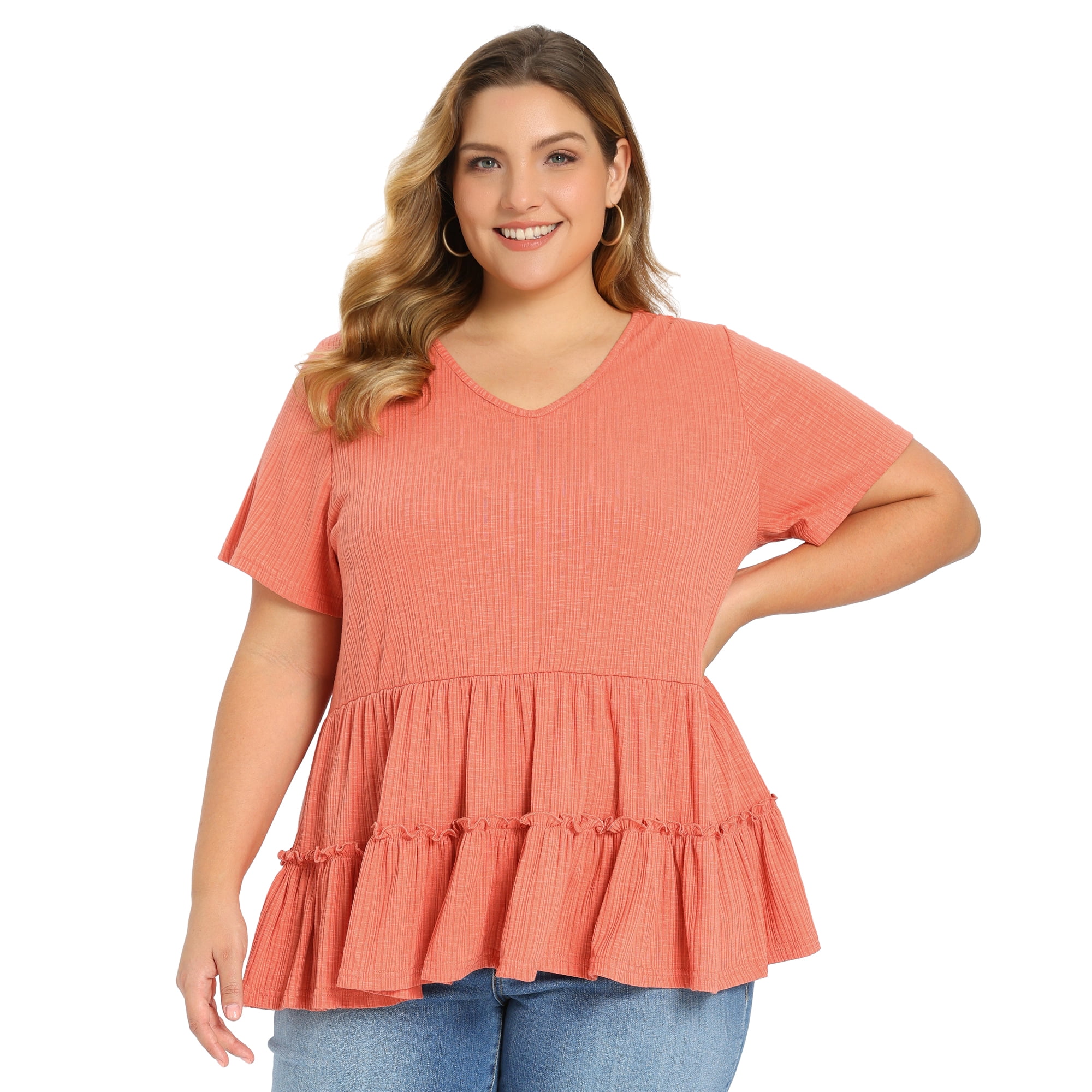 DARING DIVA Women's Plus Babydoll Tops V Neck Casual Loose Fit Blouses 4X Orange