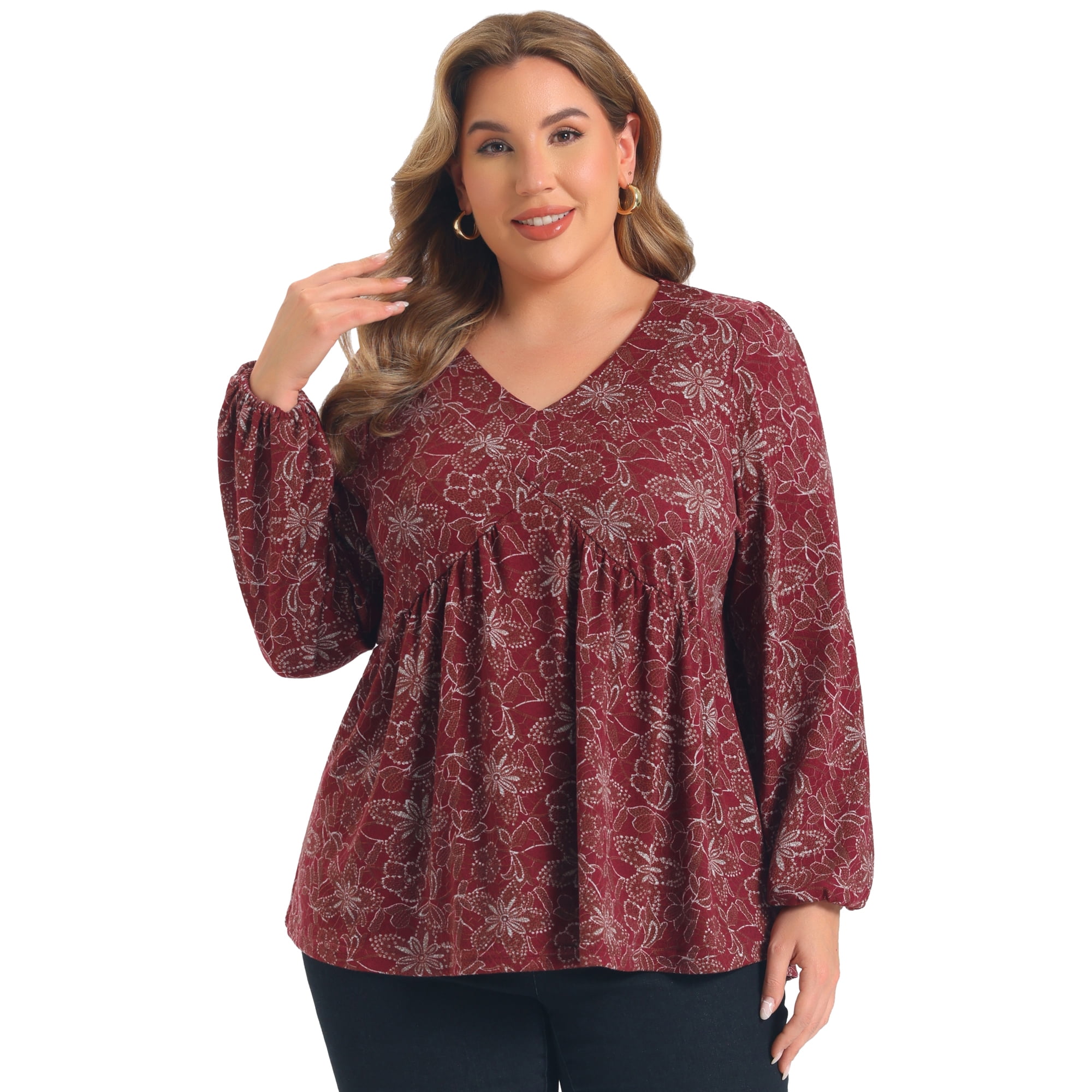 DARING DIVA Women's Plus Babydoll V Neck Lantern Sleeve Blouses 3X Dark Red
