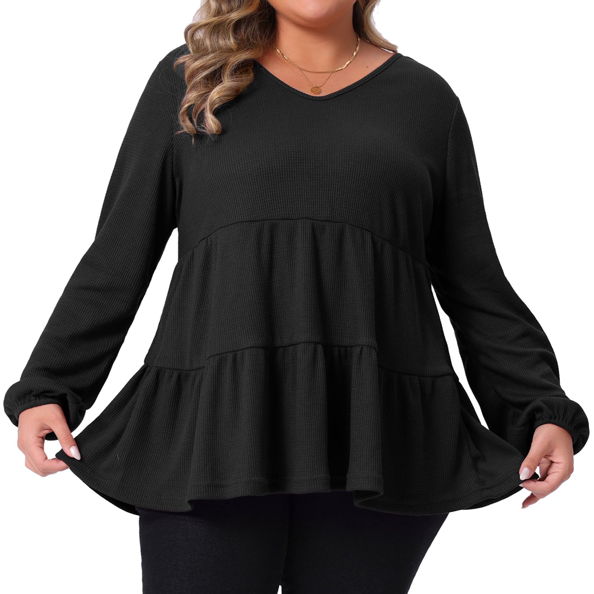 DARING DIVA Women's Plus Babydoll V Neck Ruffle Hem Peplum Blouse 4X Black
