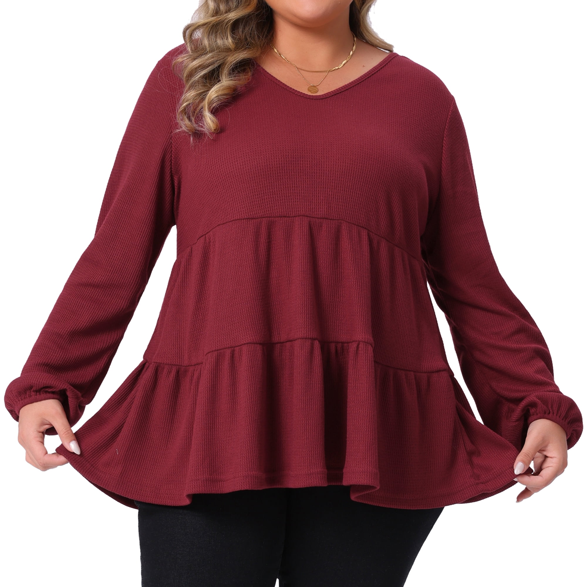 DARING DIVA Women's Plus Babydoll V Neck Ruffle Hem Peplum Blouse 4X Burgundy