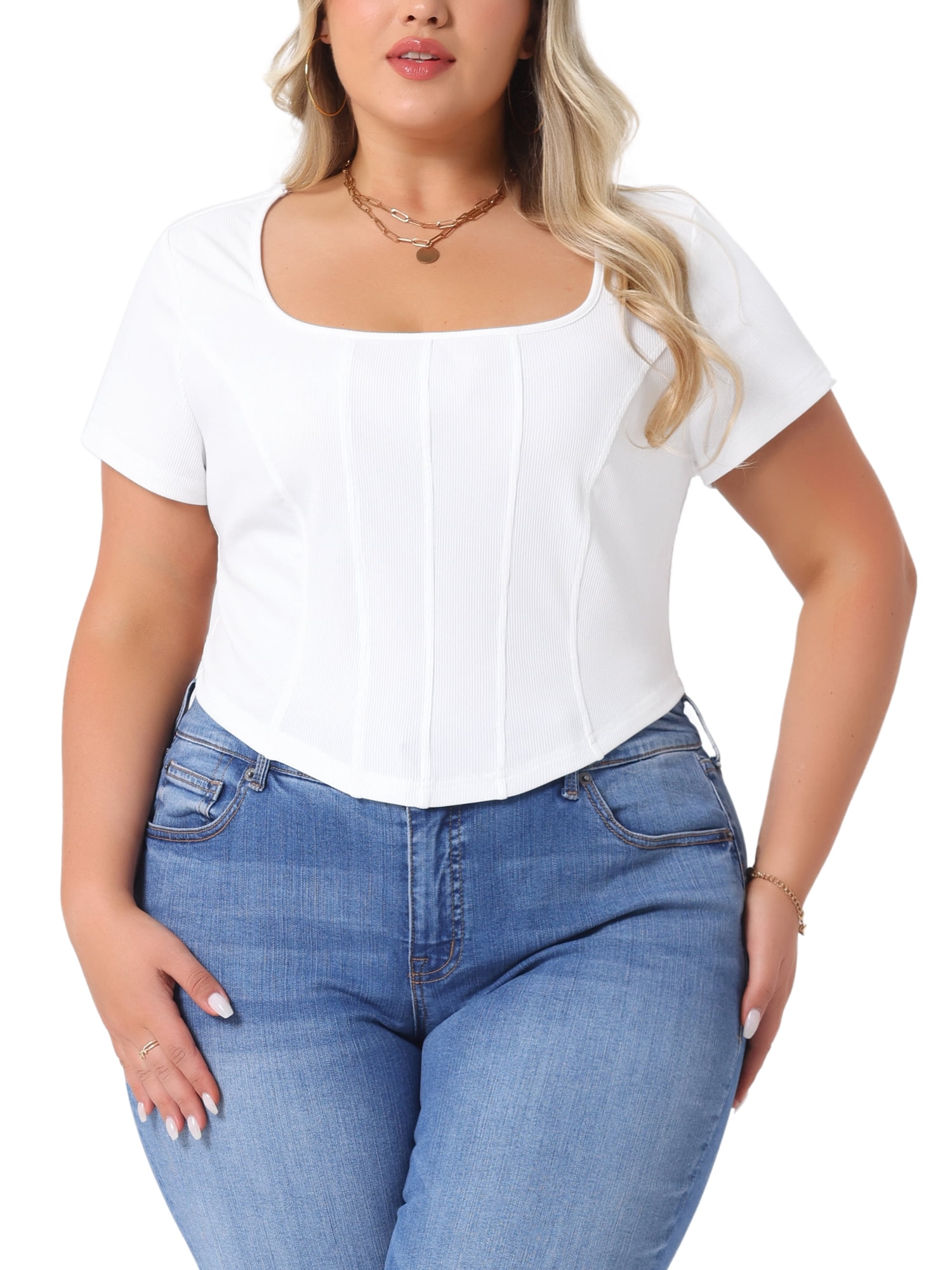 DARING DIVA Women's Plus Basic Short Sleeve Slim Fitted Crop Tops 4X White