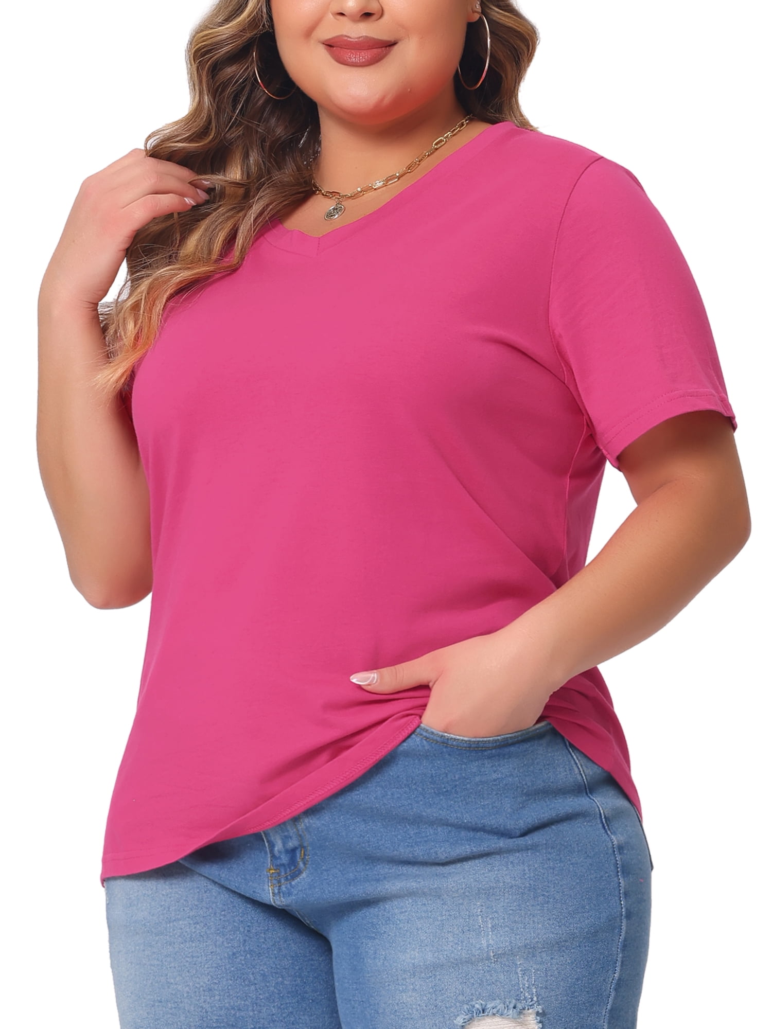 DARING DIVA Women's Plus Basic V Neck Short Sleeve Casual Tops T Shirts 1X Hot Pink