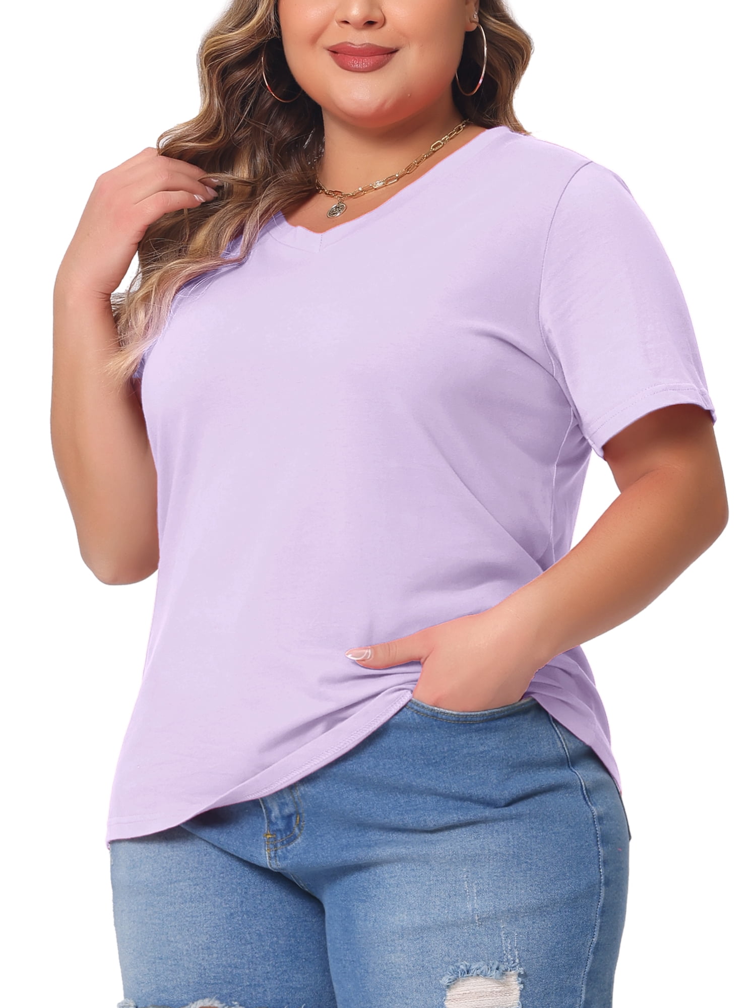 DARING DIVA Women's Plus Basic V Neck Short Sleeve Casual Tops T Shirts 1X Purple