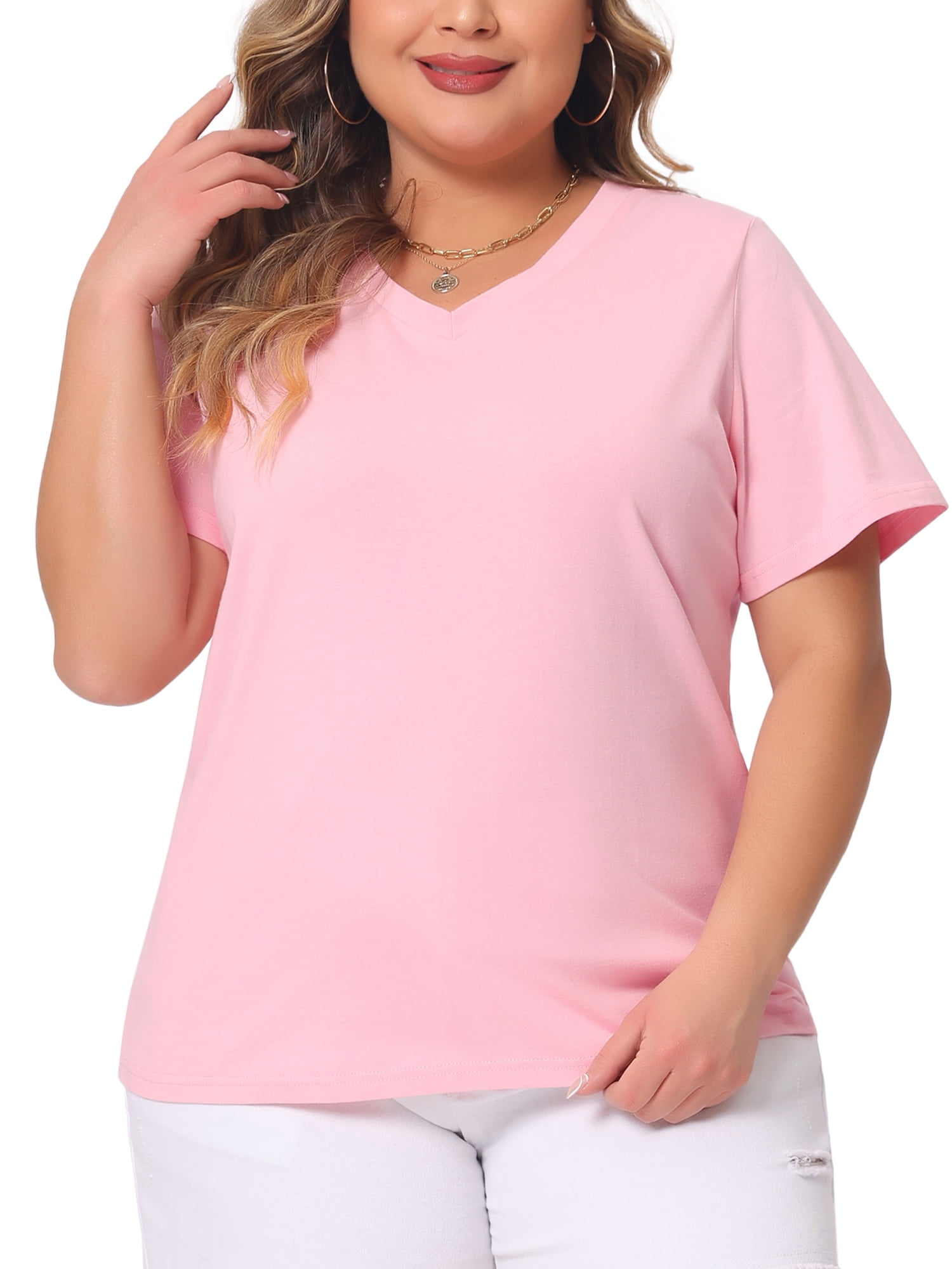 DARING DIVA Women's Plus Basic V Neck Short Sleeve Casual Tops T Shirts 2X Pink