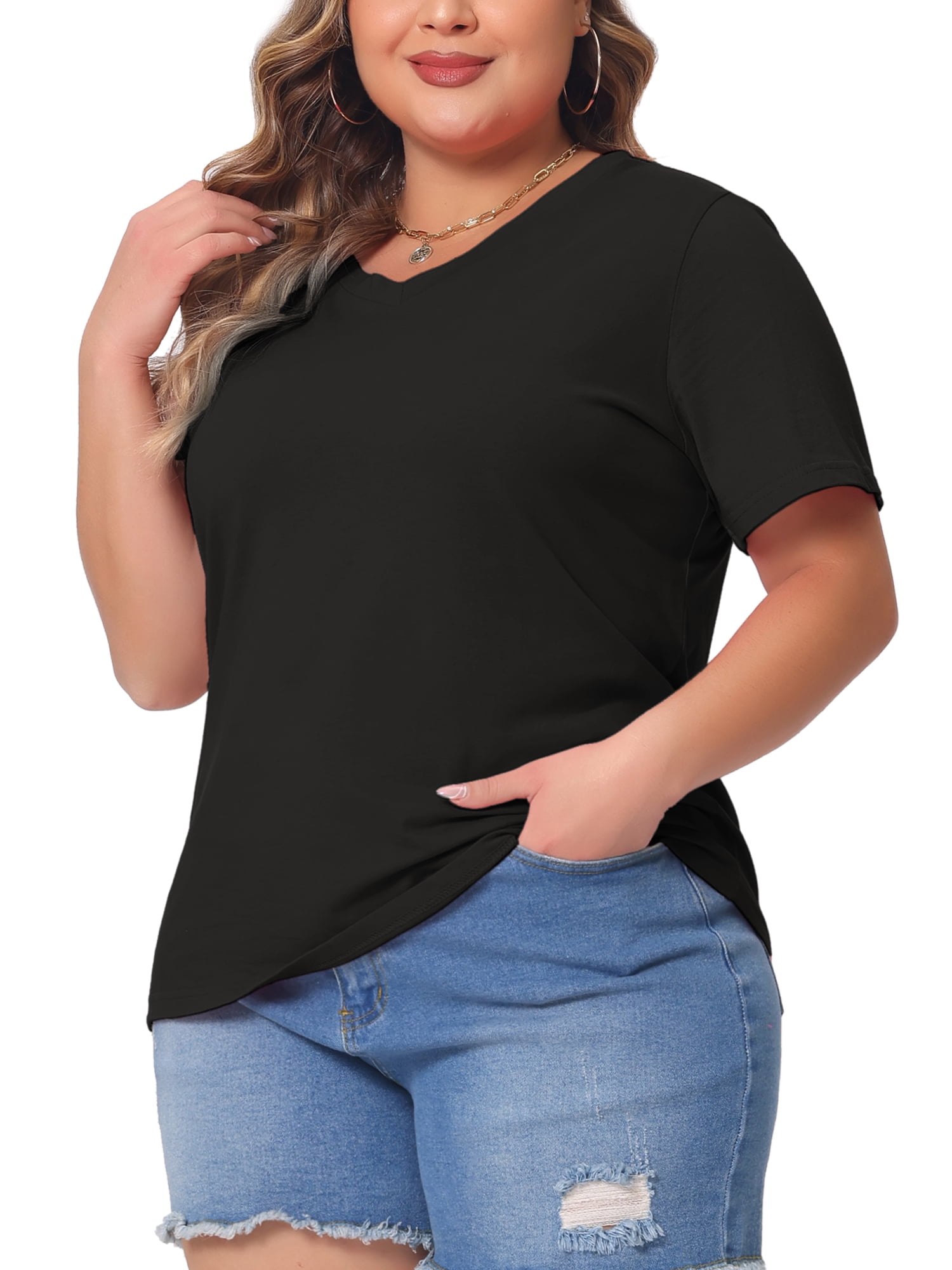 DARING DIVA Women's Plus Basic V Neck Short Sleeve Casual Tops T Shirts 4X Black