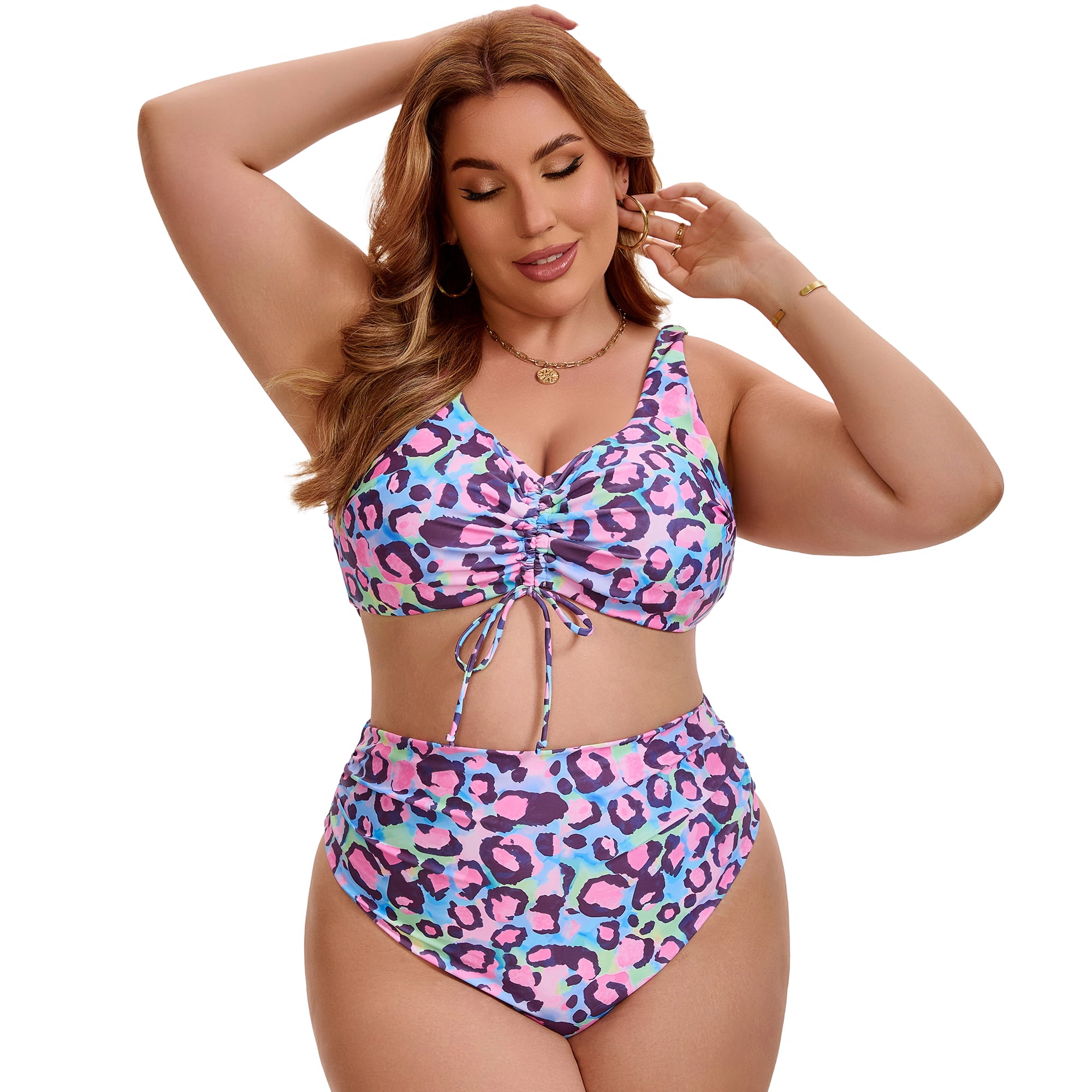 DARING DIVA Women's Plus Bikini High Waisted 2 Piece Bathing Suits 1X Green Pink