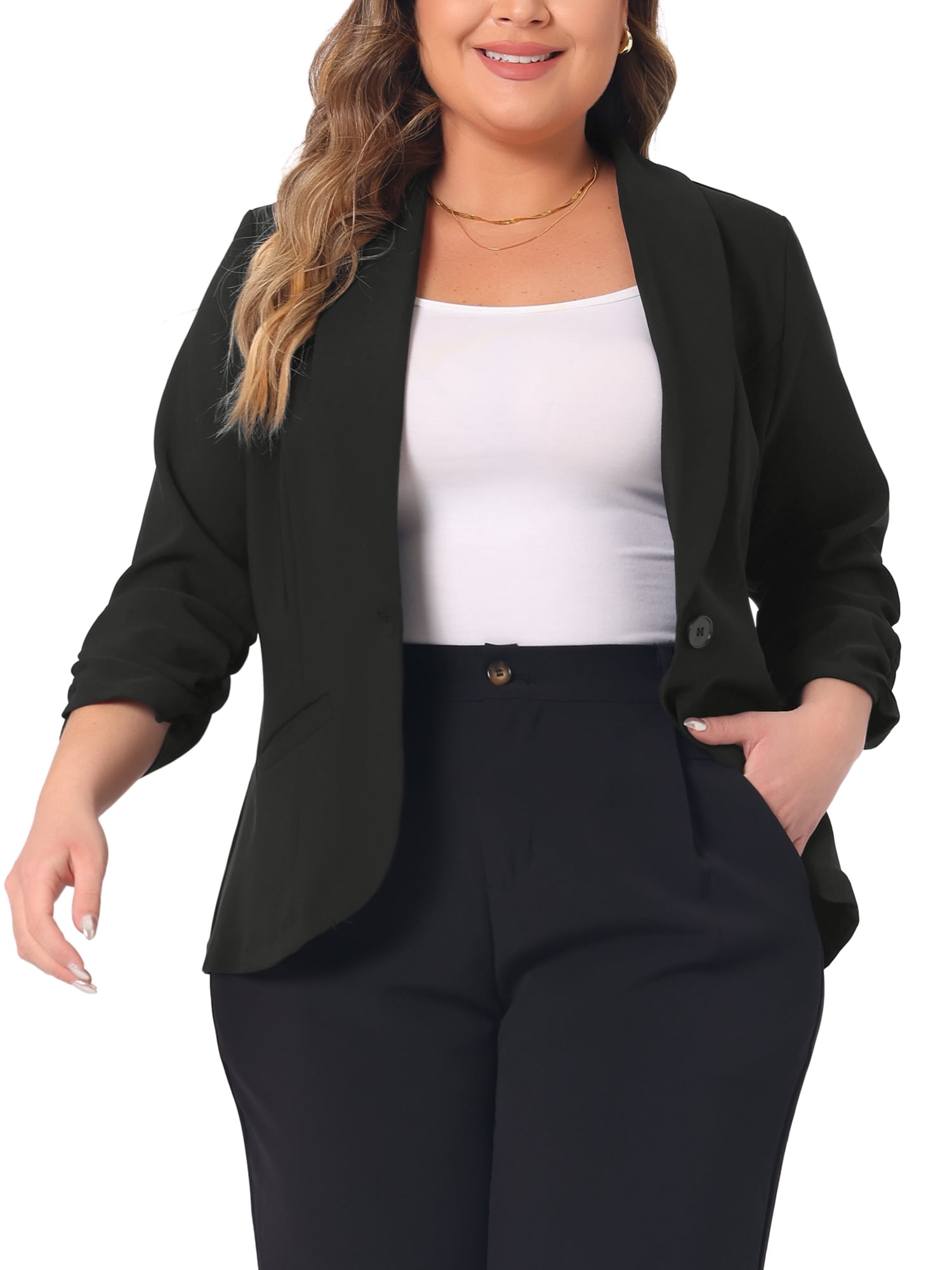 DARING DIVA Women's Plus Blazer 3/4 Ruched Sleeve Open Front Jacket 2X Black