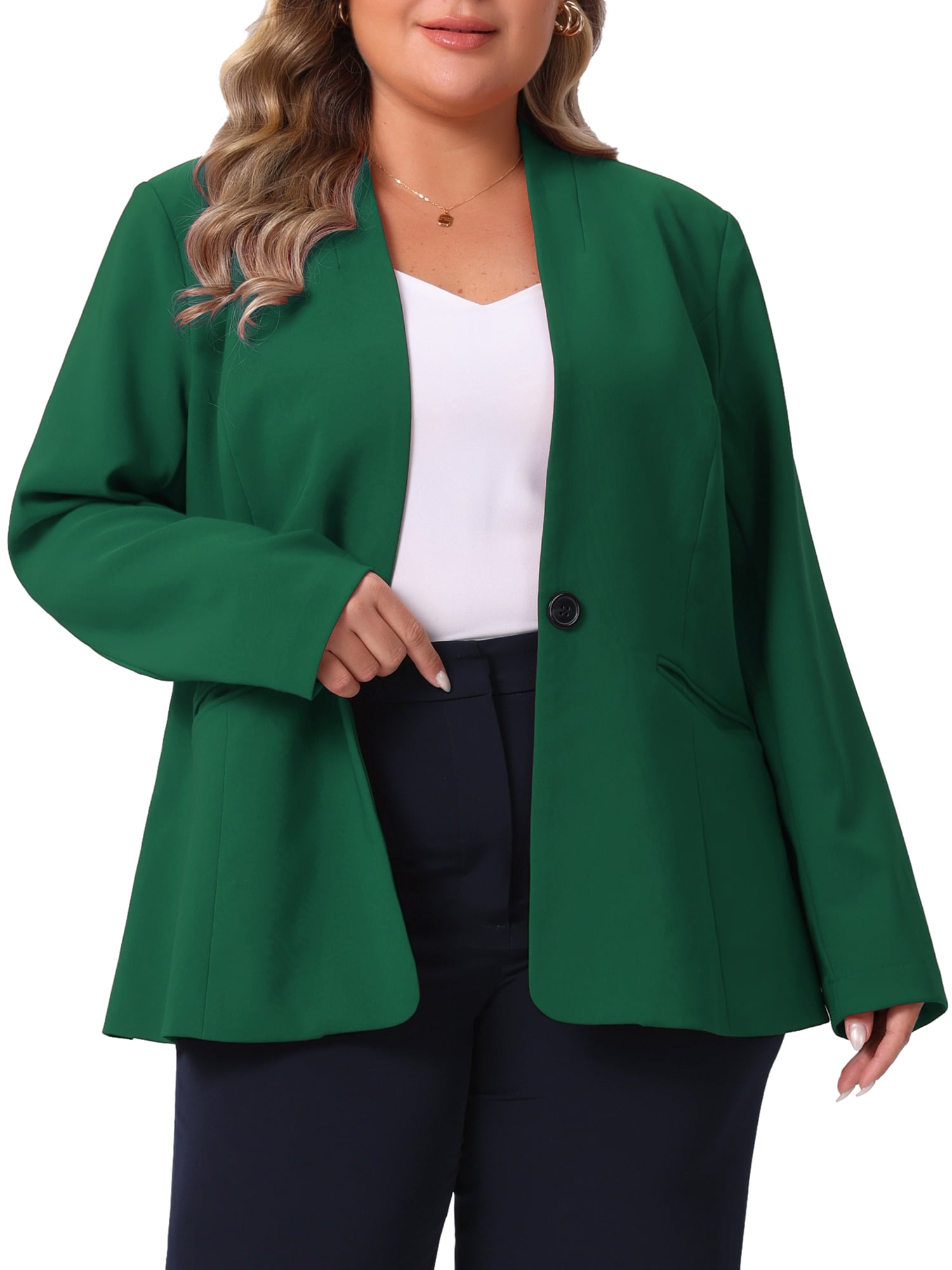 DARING DIVA Women's Plus Blazer Business Open Front Work Office Jacket 2X Dark Green