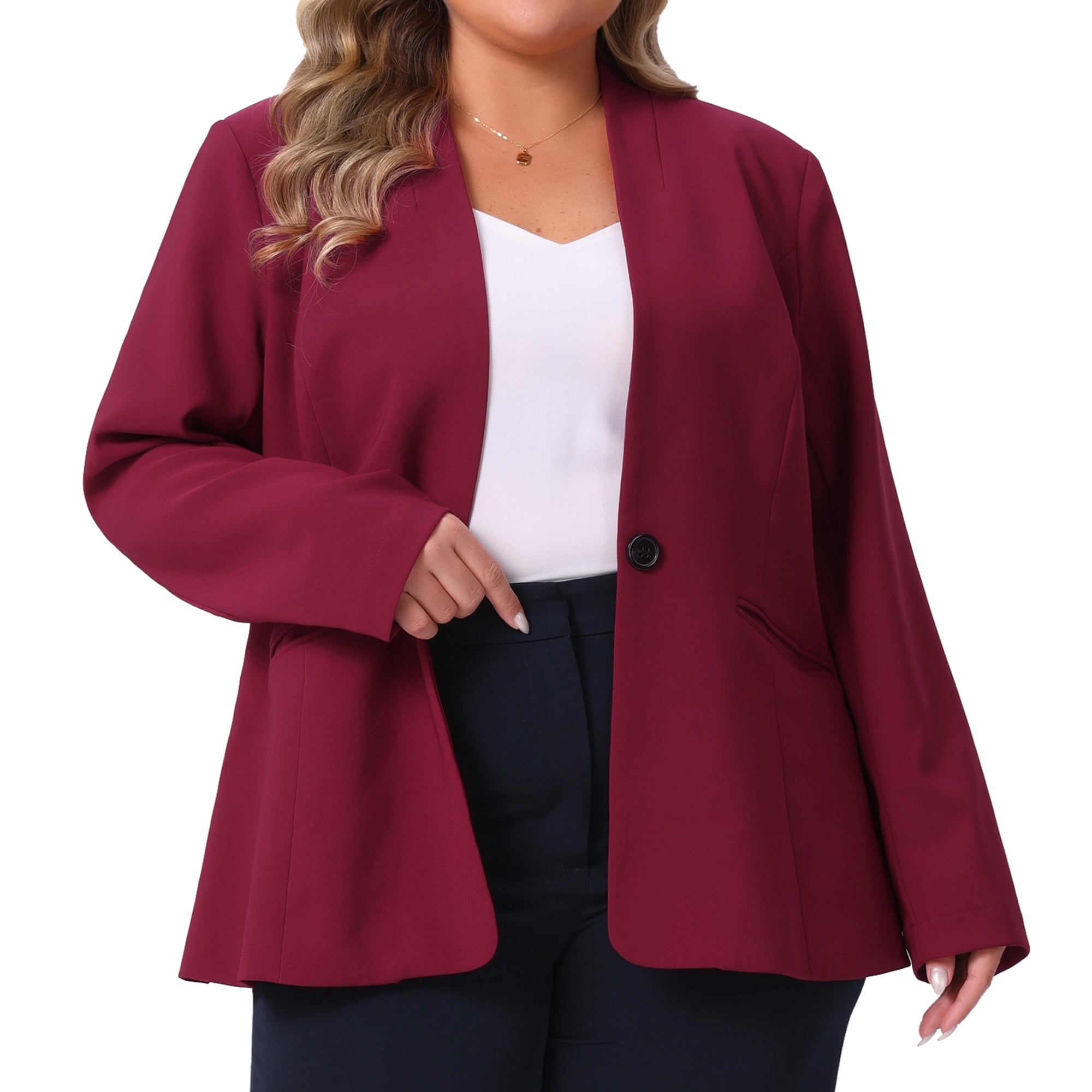 DARING DIVA Women's Plus Blazer Business Open Front Work Office Jacket 1X Burgundy