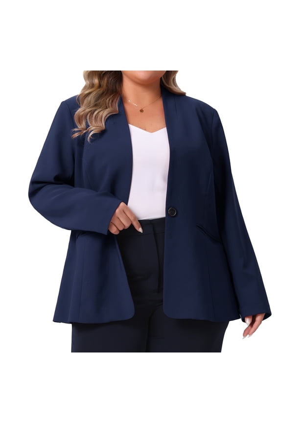 Women's Plus Blazer Business Open Front Work Office Jacket Navy Blue 1X