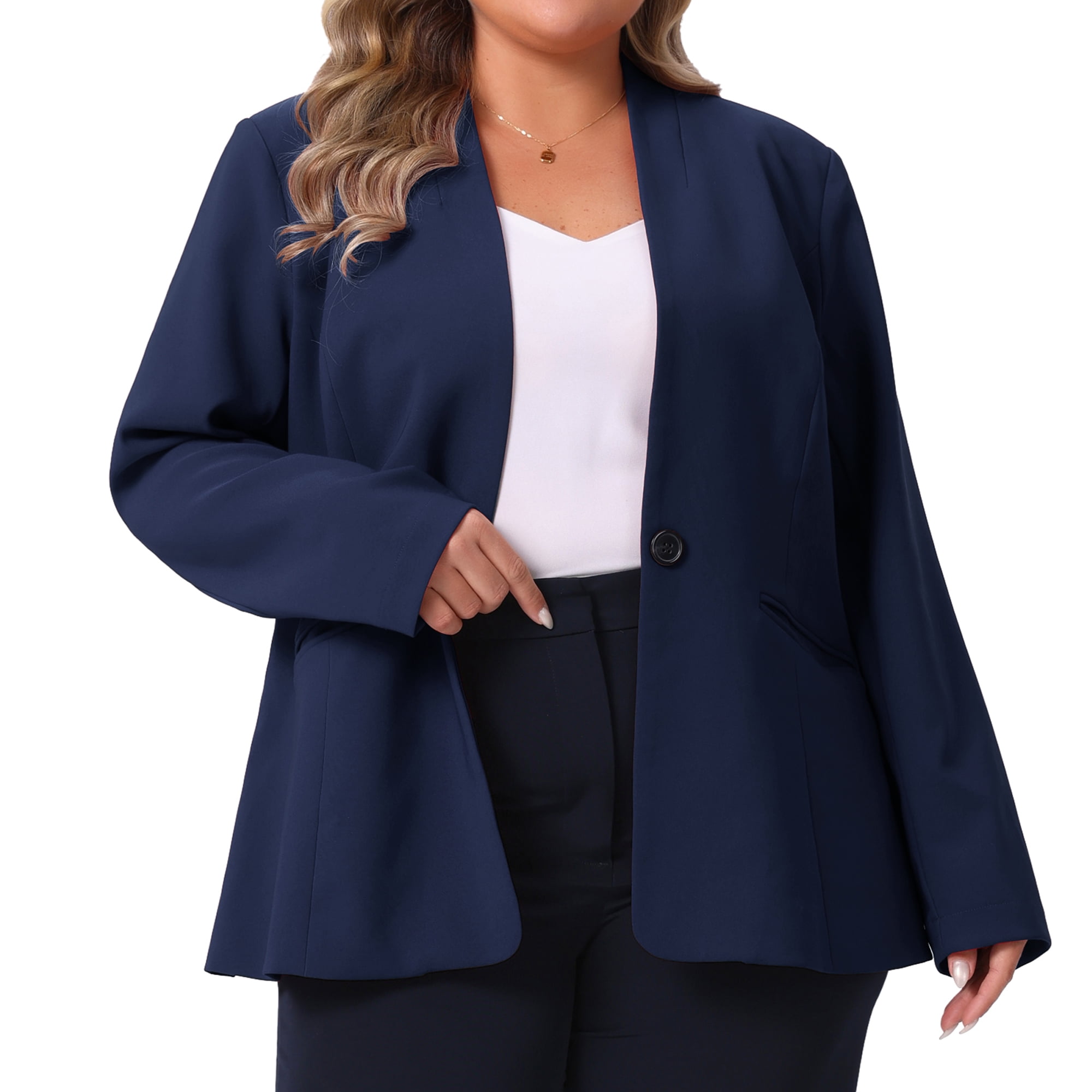 DARING DIVA Women's Plus Blazer Business Open Front Work Office Jacket 2X Navy Blue
