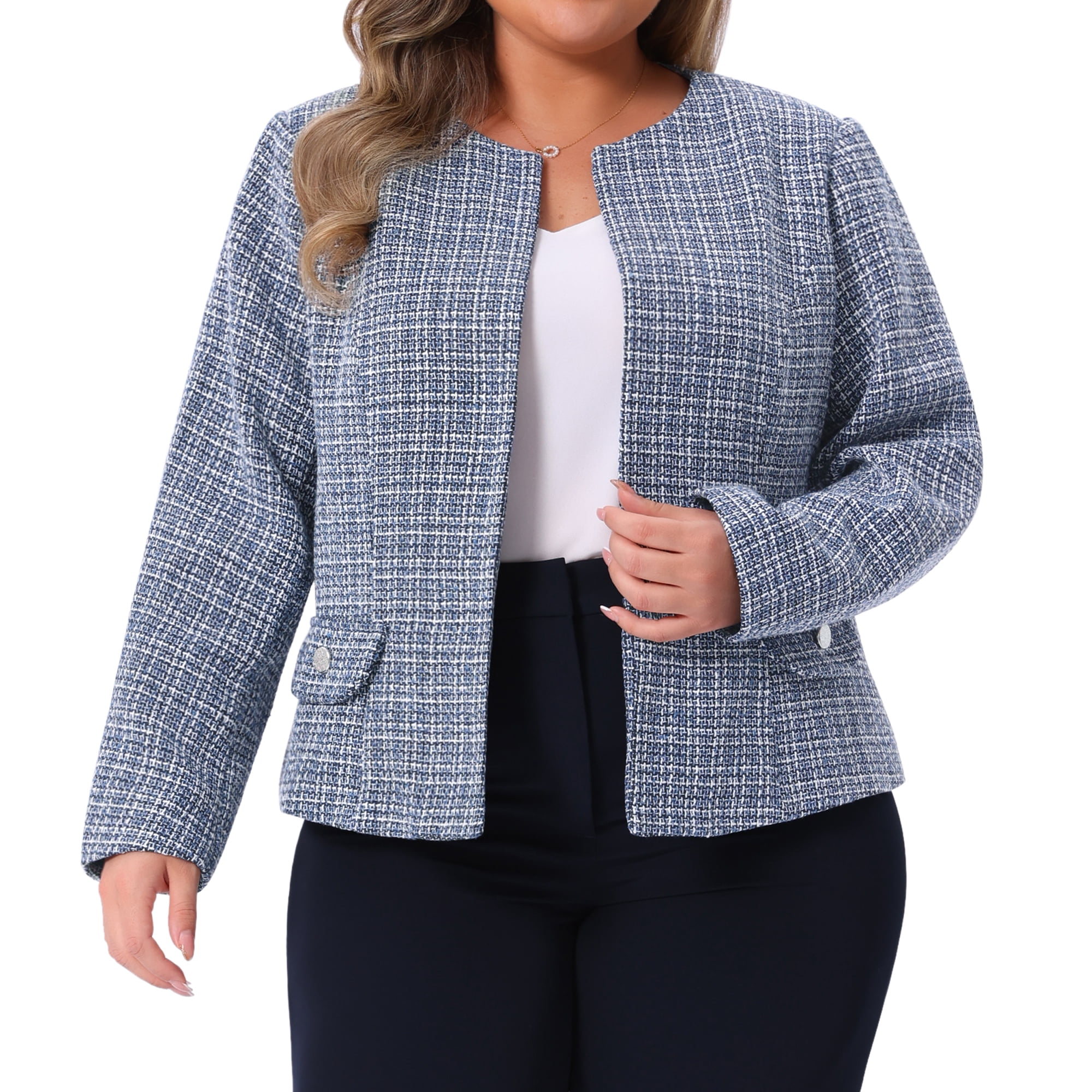 DARING DIVA Women's Plus Size Blazer Collarless Long Sleeve Open Front Jacket 3X Blue