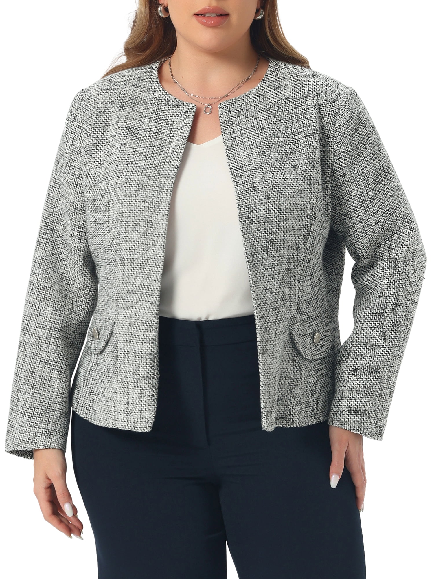 DARING DIVA Women's Plus Size Blazer Collarless Long Sleeve Open Front Jacket 4X Black White