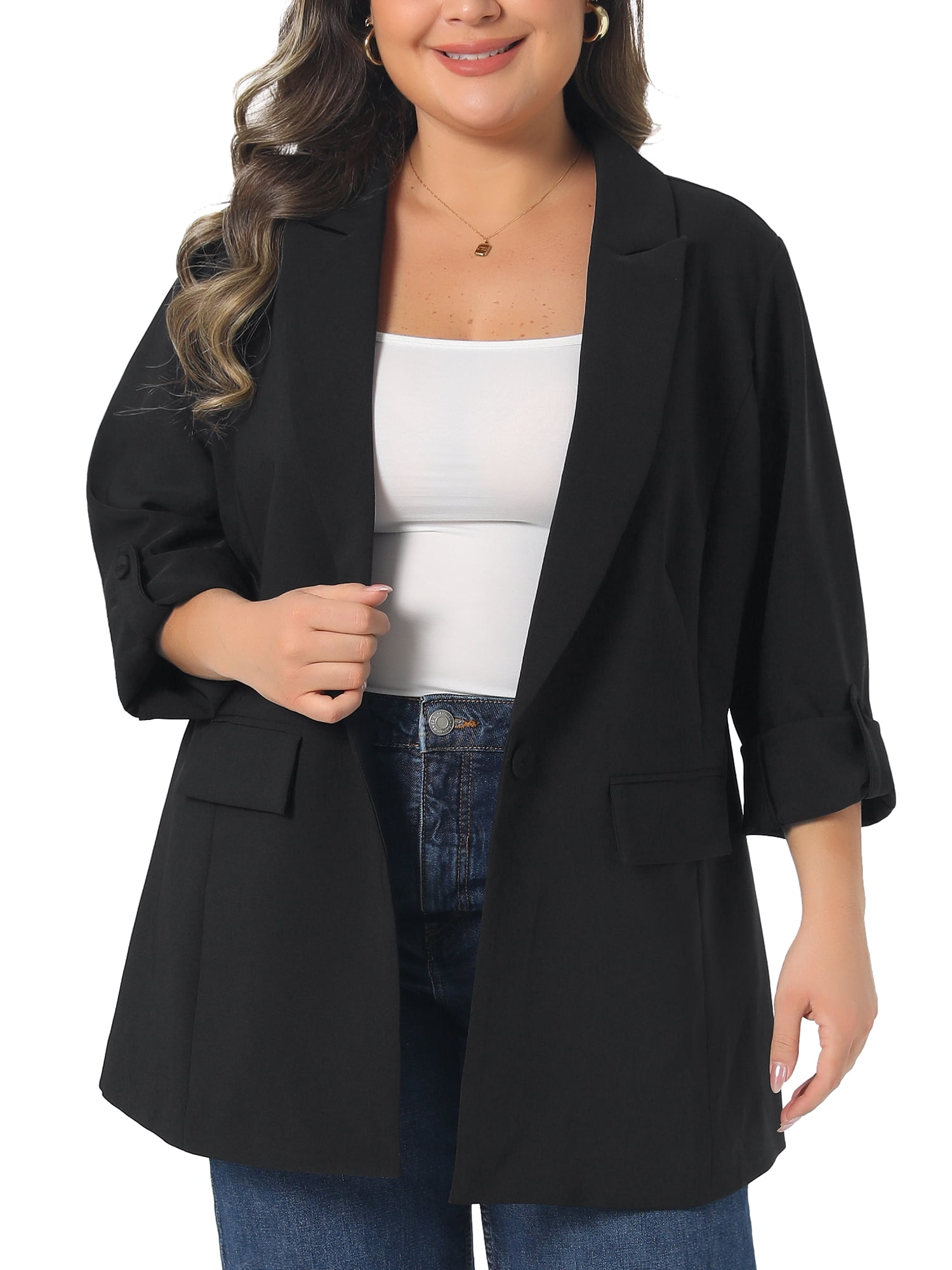 DARING DIVA Women's Plus Blazer Notch Panel Work Business Casual Suit Jacket 1X Black