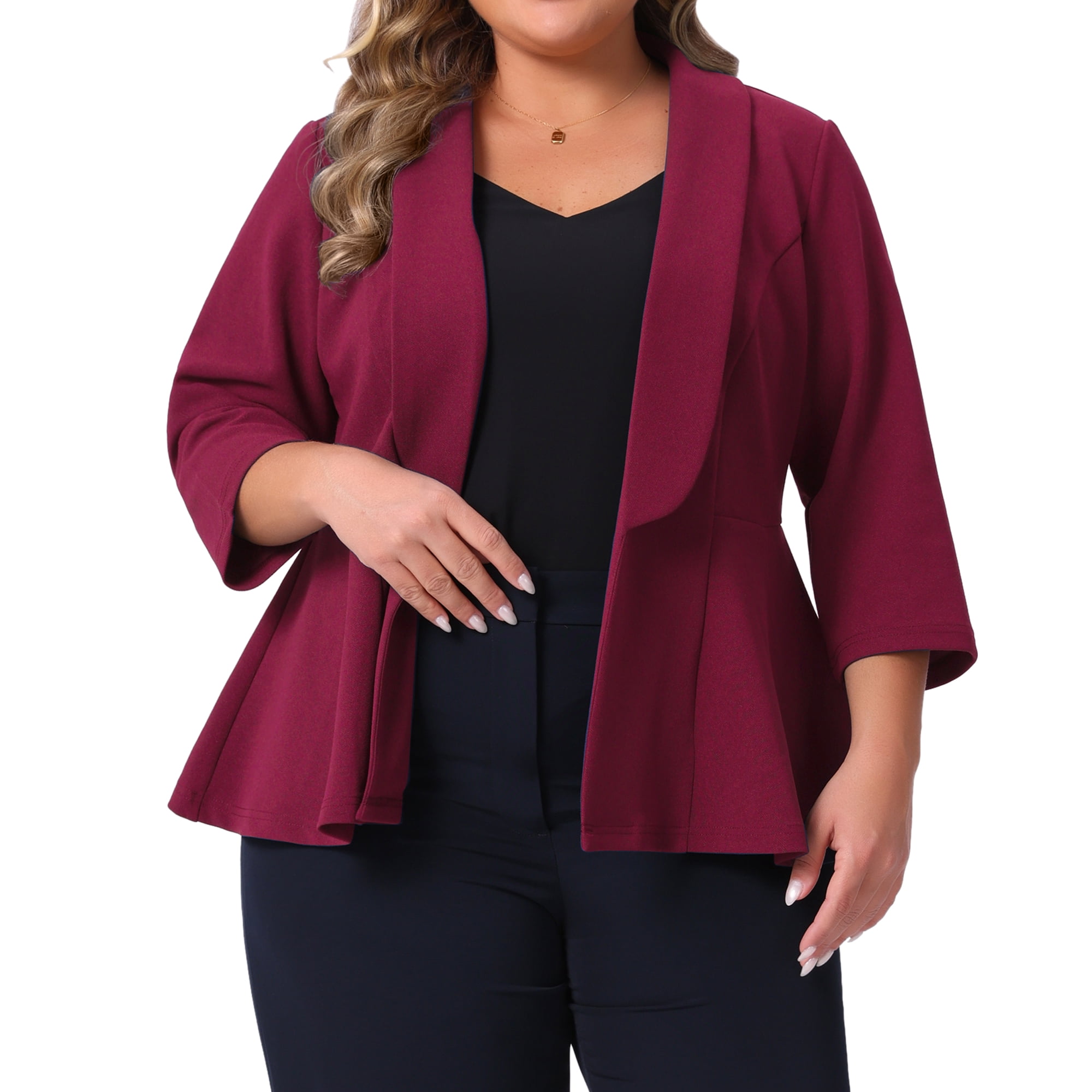 DARING DIVA Women's Plus Blazer Sleeve Open Front Peplum Work Suit Jacket 1X Burgundy