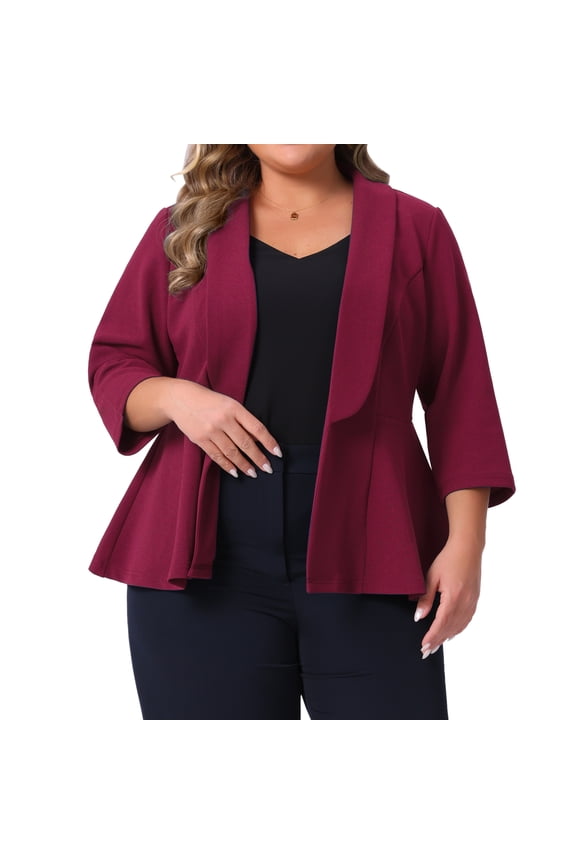 Women's Plus Blazer Sleeve Open Front Peplum Work Suit Jacket 2X Burgundy
