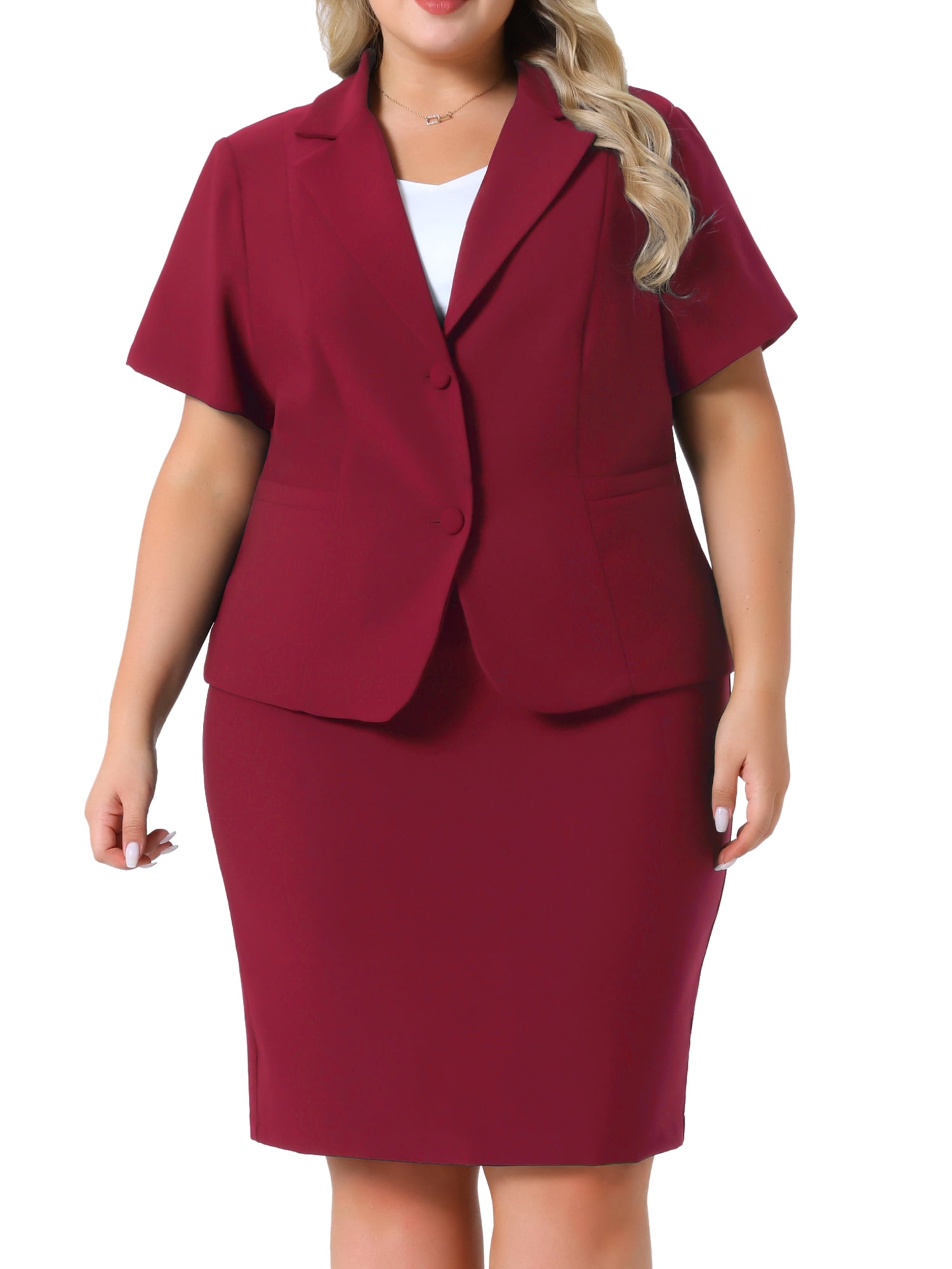 DARING DIVA Women's Plus Blazer Suit Set Notch Lapel Pencil Skirt 2X Burgundy