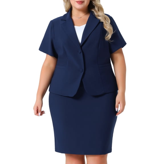 DARING DIVA Women's Plus Blazer Suit Set Notch Lapel Pencil Skirt Navy Blue 3X
