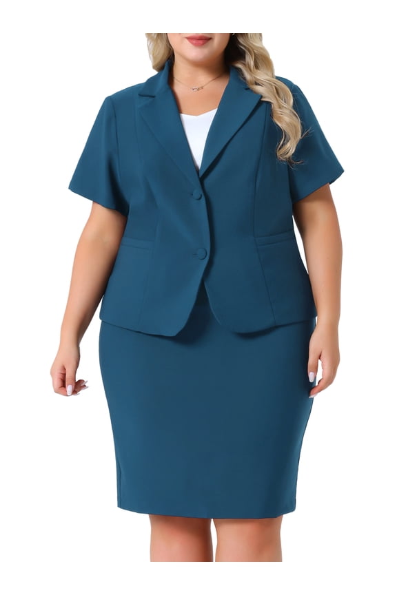 Women's Plus Blazer Suit Set Notch Lapel Pencil Skirt 3X Peacock Blue