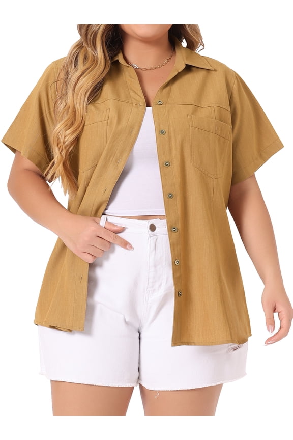 Women's Plus Blouse Chest Pocket Button Down Demin Shirt 1X Light Brown