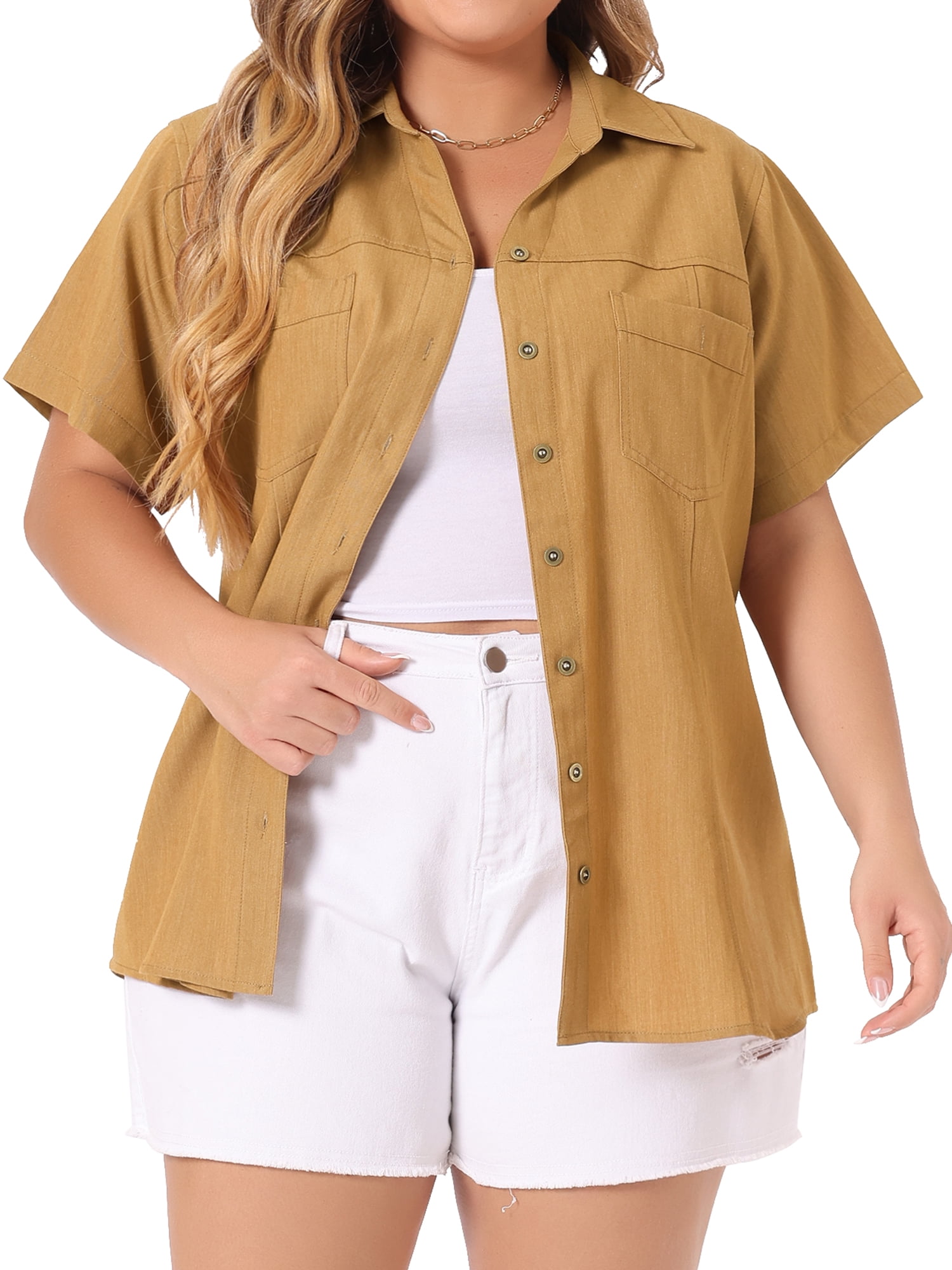 DARING DIVA Women's Plus Blouse Chest Pocket Button Down Demin Shirt 4X Light Brown