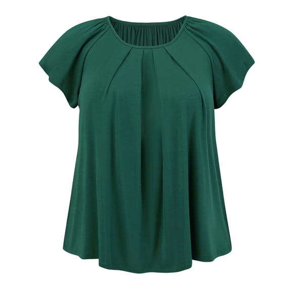 Women's Plus Summer Blouse Pleated Ruffle Sleeve Round Neck Loose Tops 1X Dark Green