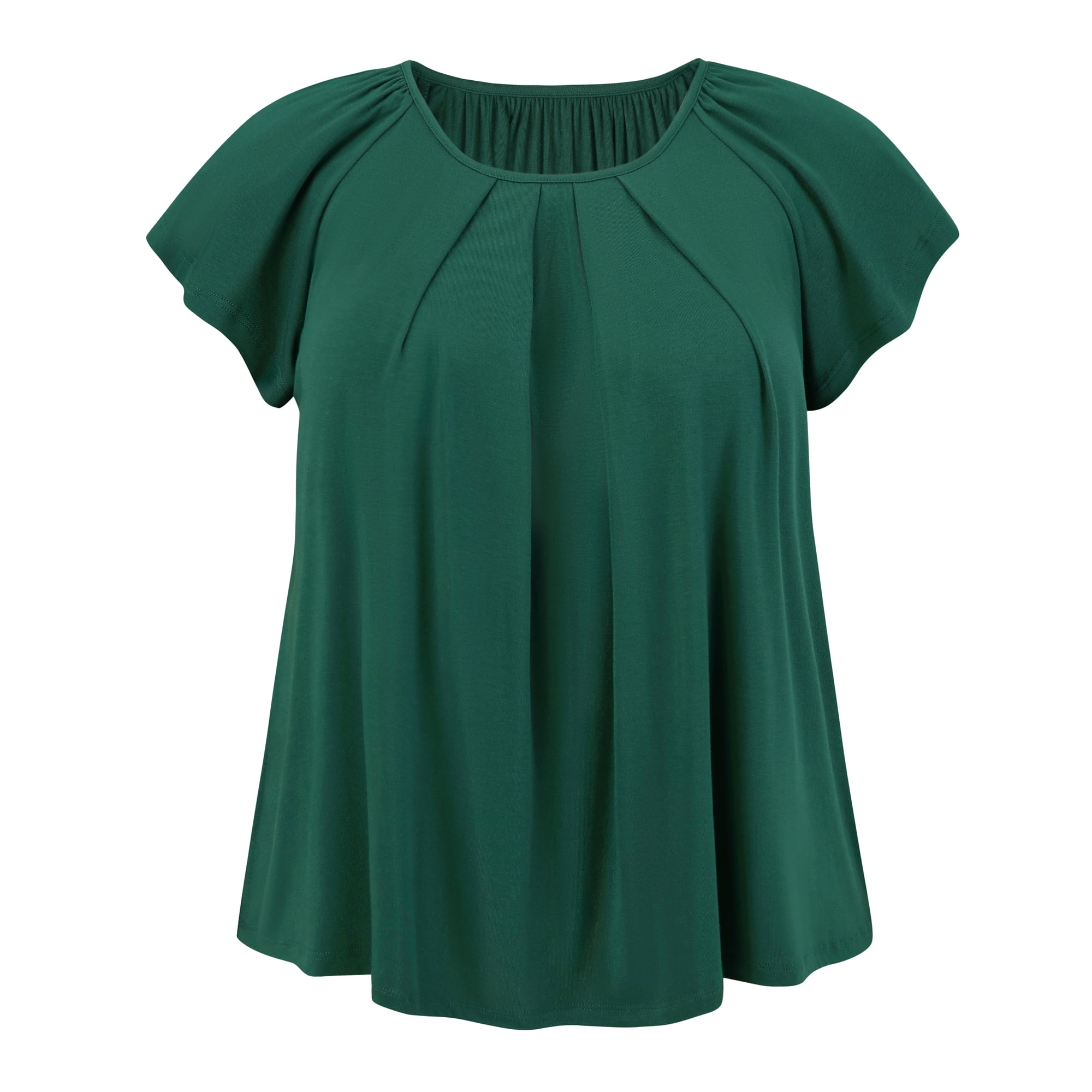Women's Plus Summer Blouse Pleated Ruffle Sleeve Round Neck Loose Tops 3X Dark Green