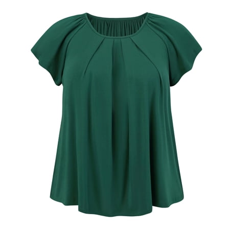 DARING DIVA Women's Plus Summer Blouse Pleated Ruffle Sleeve Round Neck Loose Tops 3X Dark Green