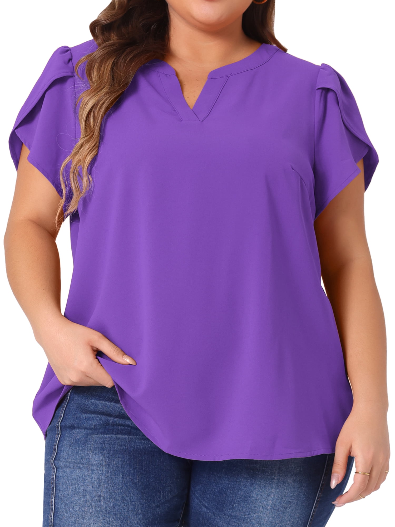 DARING DIVA Women's Plus Blouses Notched V Neck Short Petal Sleeve Shirts Tops 3X Purple