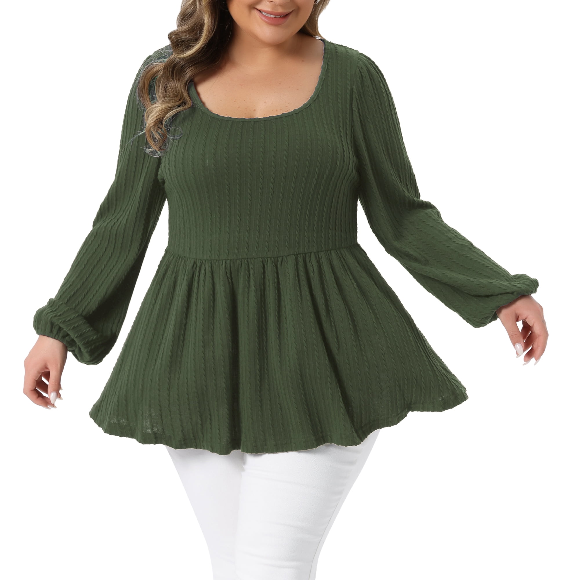 DARING DIVA Women's Plus Blouses Scoop Neck Ruffle Hem Peplum Knit Top 3X Army Green