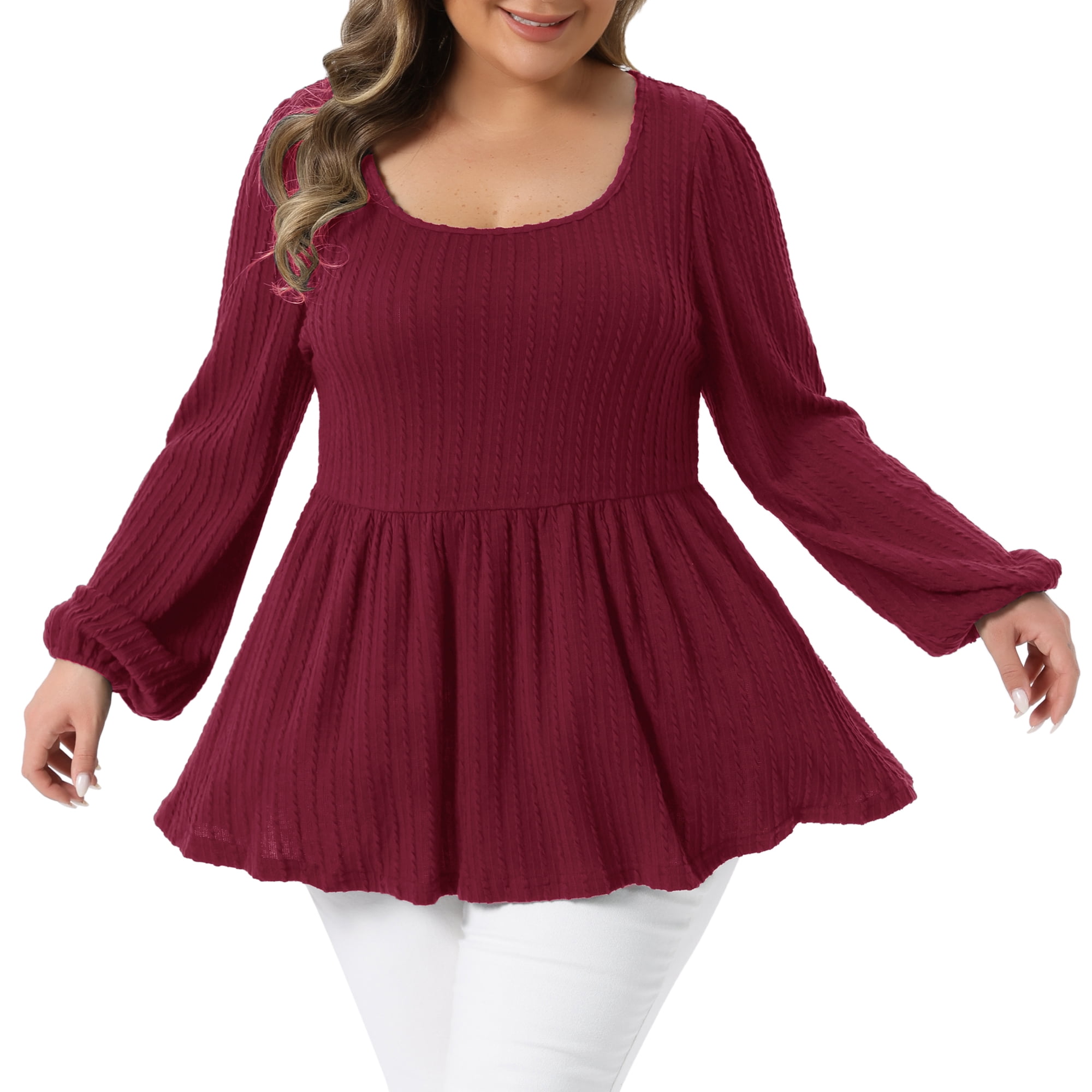 DARING DIVA Women's Plus Blouses Scoop Neck Ruffle Hem Peplum Knit Top 4X Wine Red