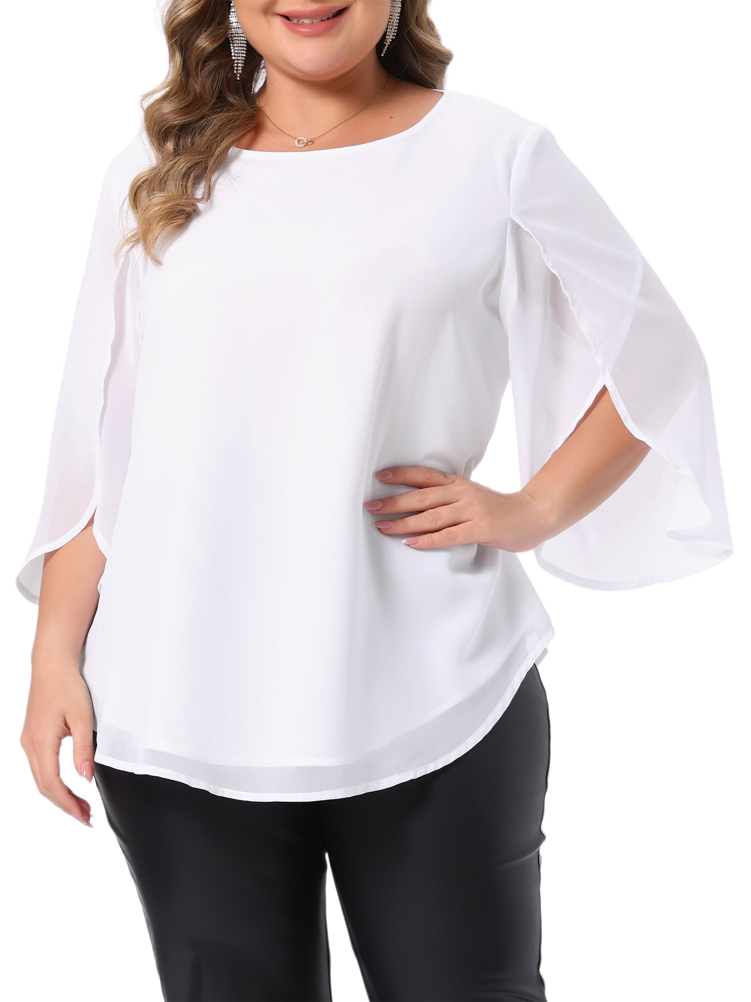 DARING DIVA Women's Plus Blouses with Flutter Petal Half Sleeve Chiffon Crew Neck 1X White