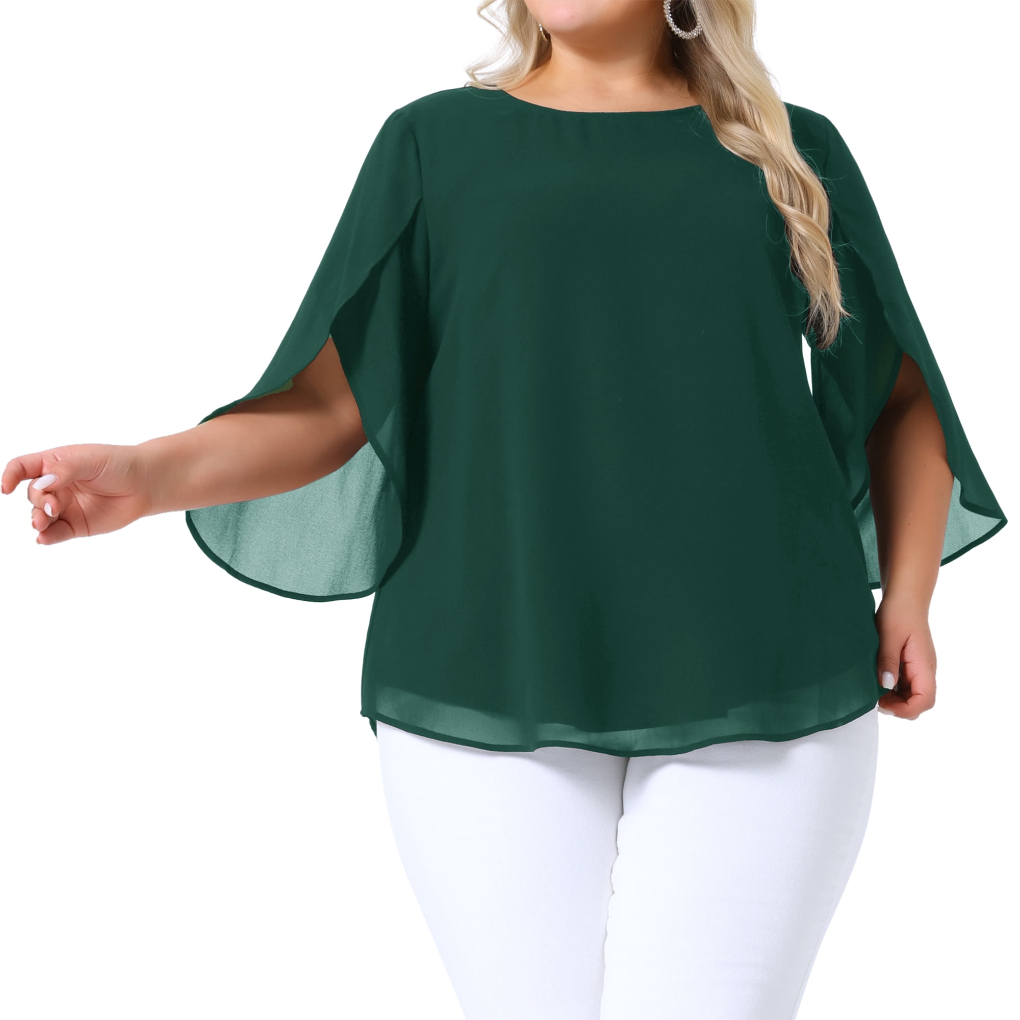 DARING DIVA Women's Plus Blouses with Flutter Petal Half Sleeve Chiffon Top 2X Dark Green