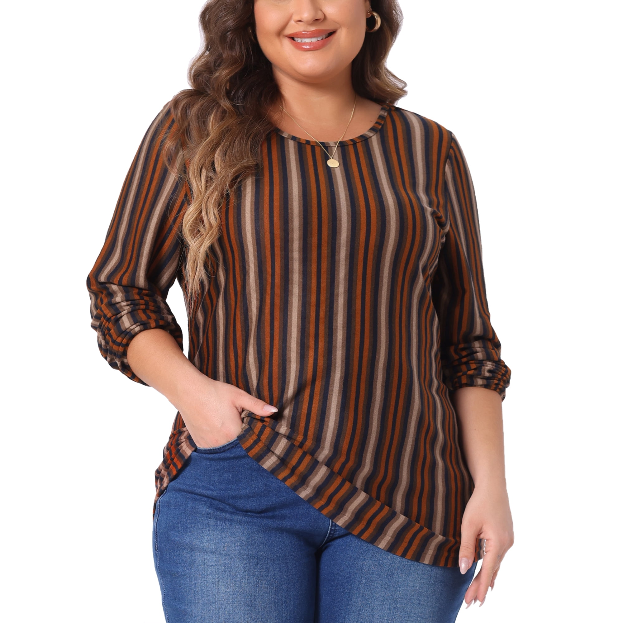 DARING DIVA Women's Plus Boho Color Block Elastic Cuff Long Sleeve Striped Top 3X Orange