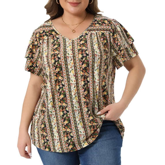DARING DIVA Women's Plus Boho Floral Double Ruffle Sleeve Blouses 1X Black Yellow