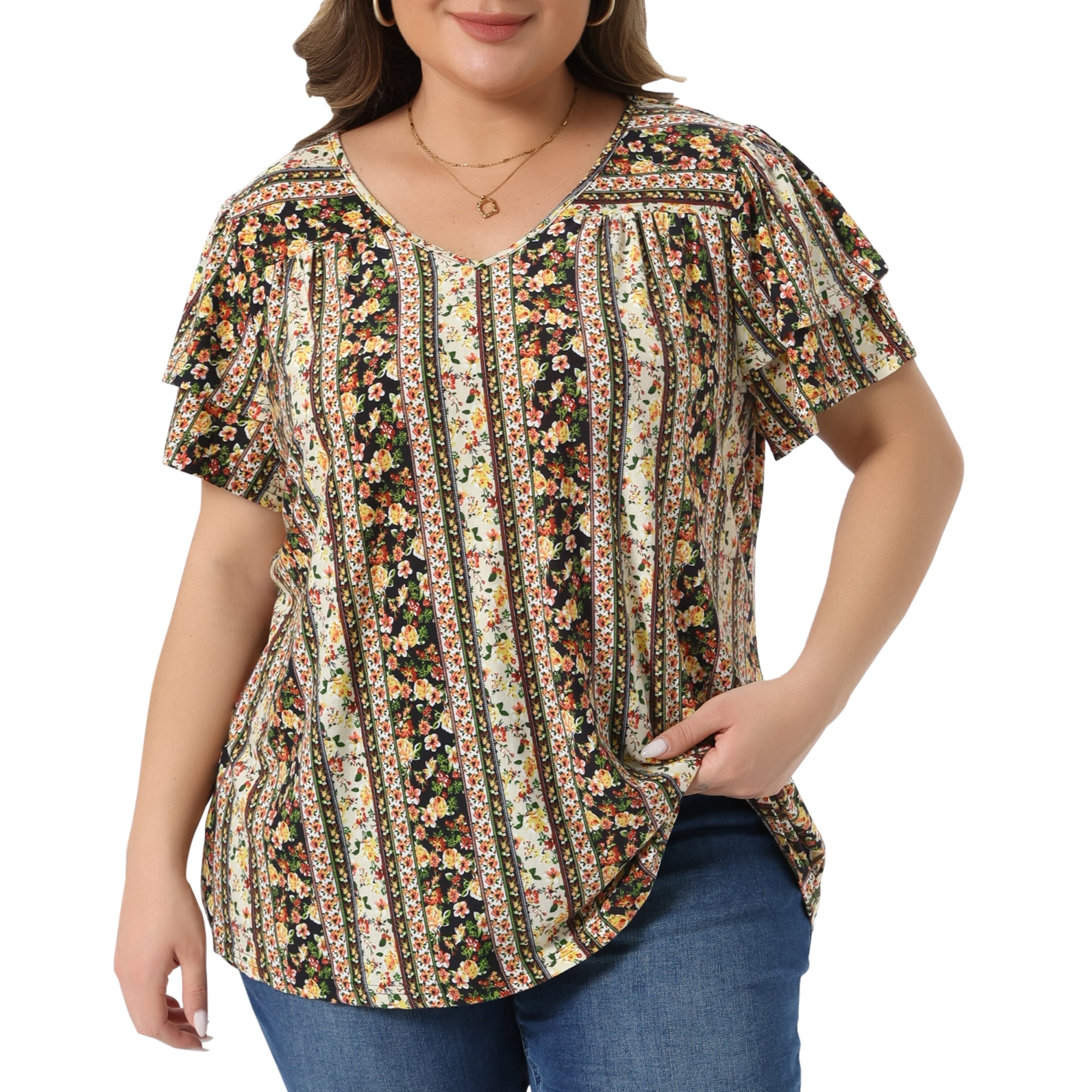 DARING DIVA Women's Plus Boho Floral Double Ruffle Sleeve Blouses 2X Black Yellow