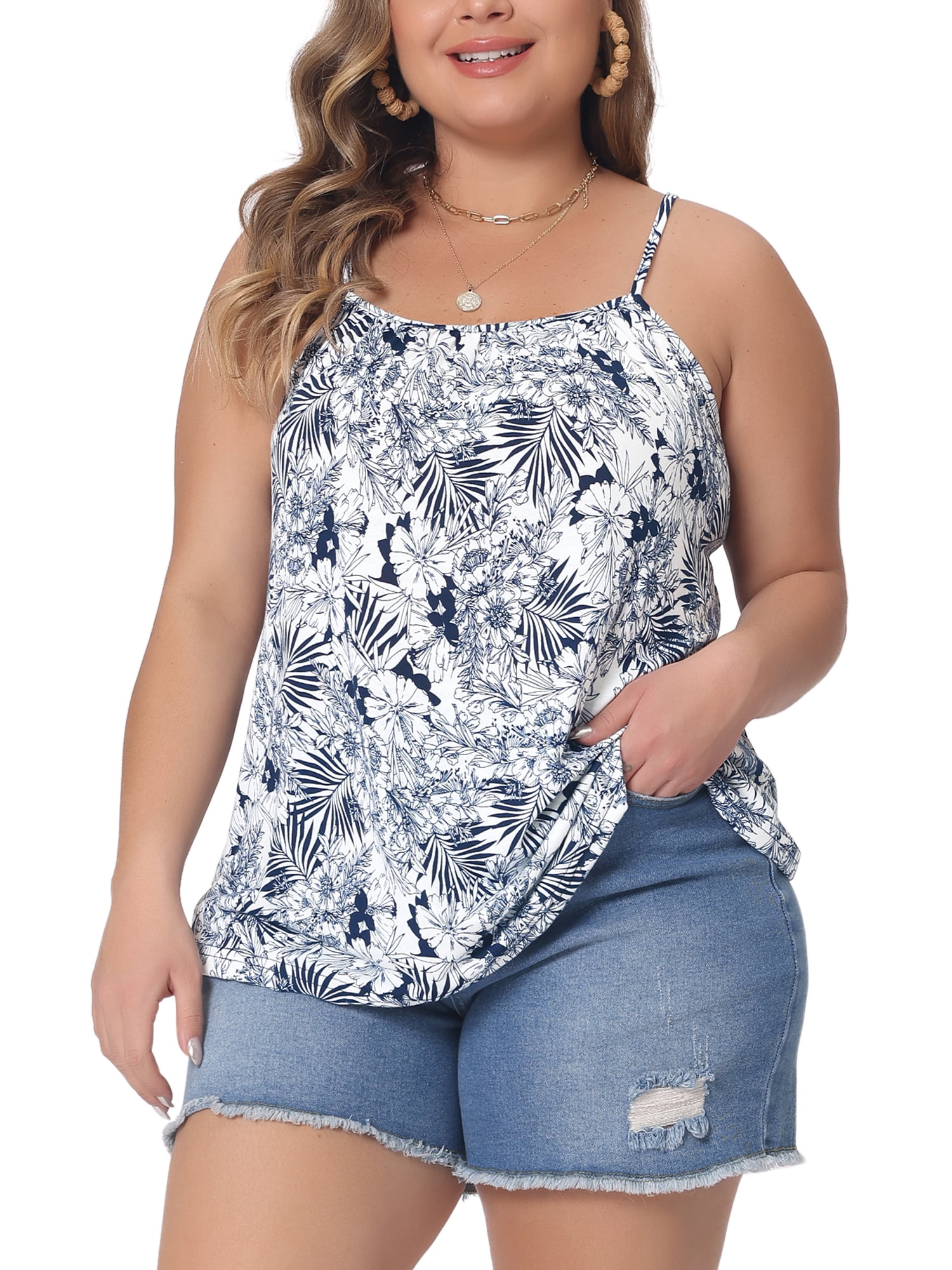 DARING DIVA Women's Plus Boho Floral Loose Spaghetti Strap Cami Top 2X Navy Blue